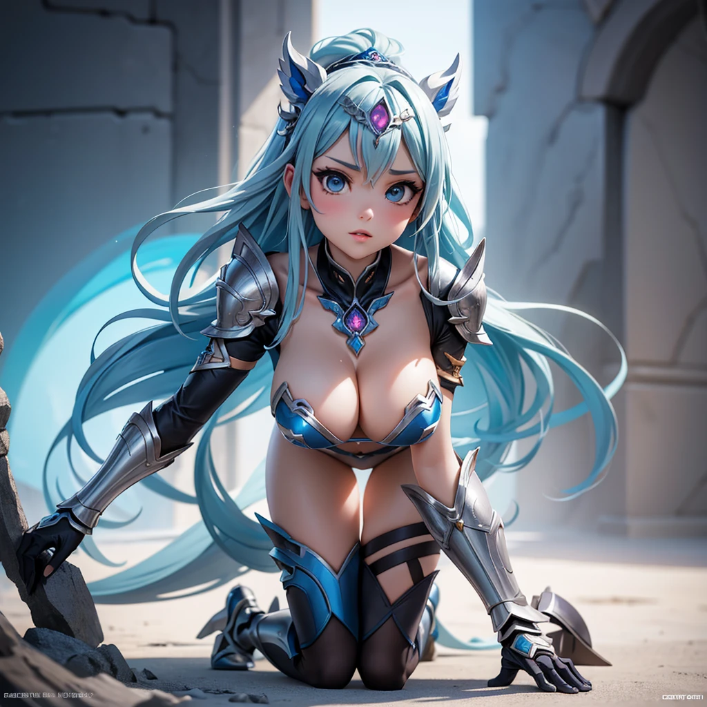 1_girl, solo, full body portrait of a woman in a silver and blue bikini, chengwei pan on artstation, by Yang J, detailed fantasy art, stunning character art, fanart best artstation, epic exquisite character art, beautiful armor, extremely detailed artgerm, detailed digital anime art, artgerm on artstation pixiv, armor silver bikini girl, leaning forward, hands on knees