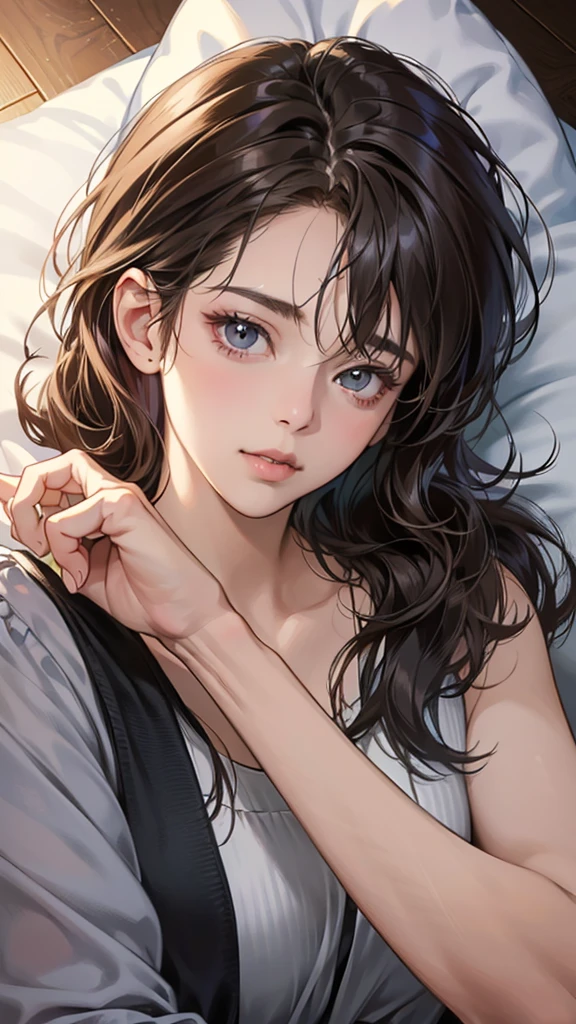 (masutepiece, Digital Art, Digital Illustration, 4K, 8K, Ultra-detailed, beautiful image, Sharp Image, Photorealistic, Raw photo, Perfect face, Perfect lines, Perfect eyes, Soft lighting) , a couple, 1 girl 1 boy, Hair color is different, Medium brown hair and brown eyes, Short black hair and gray eyes, Romance, Lie on the ground, Lip touch