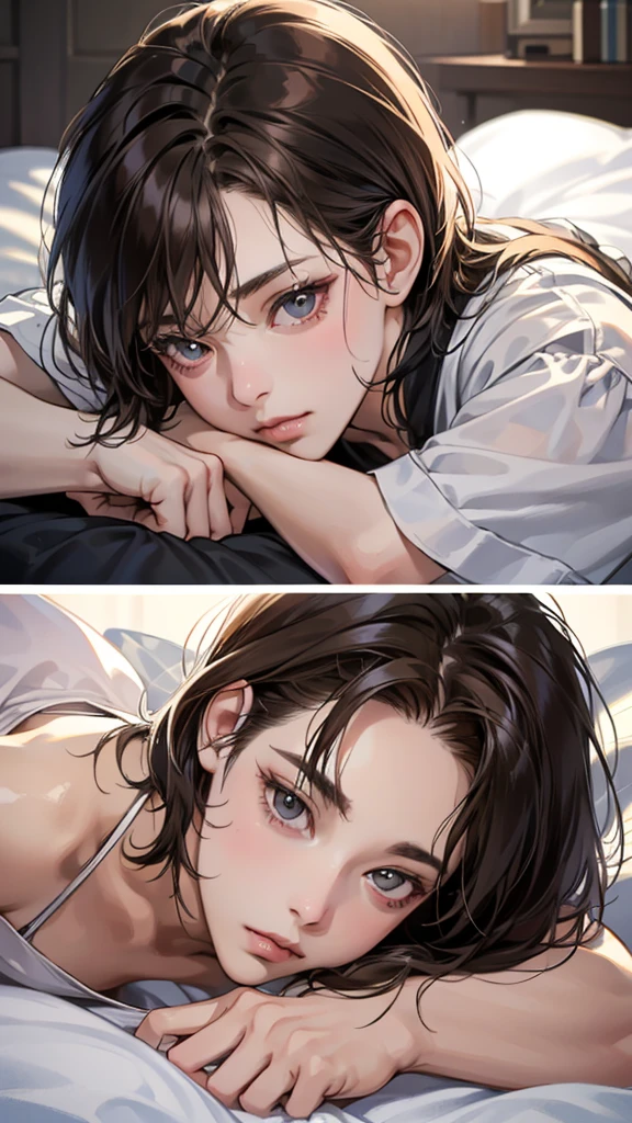 (masutepiece, Digital Art, Digital Illustration, 4K, 8K, Ultra-detailed, beautiful image, Sharp Image, Photorealistic, Raw photo, Perfect face, Perfect lines, Perfect eyes, Soft lighting) , a couple, 1 girl 1 boy, Hair color is different, Medium brown hair and brown eyes, Short black hair and gray eyes, Romance, Lie on the ground, Lip touch