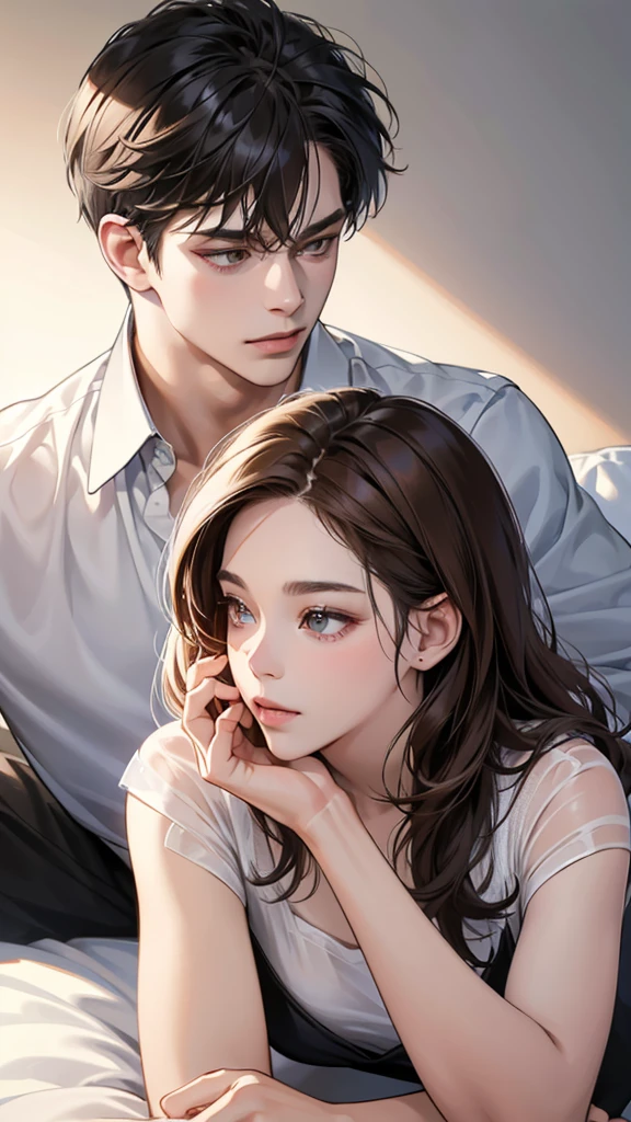 (masutepiece, Digital Art, Digital Illustration, 4K, 8K, Ultra-detailed, beautiful image, Sharp Image, Photorealistic, Raw photo, Perfect face, Perfect lines, Perfect eyes, Soft lighting) , a couple, 1 girl 1 boy, Hair color is different, Medium brown hair and brown eyes, Short black hair and gray eyes, Romance, Lie on the ground, Lip touch