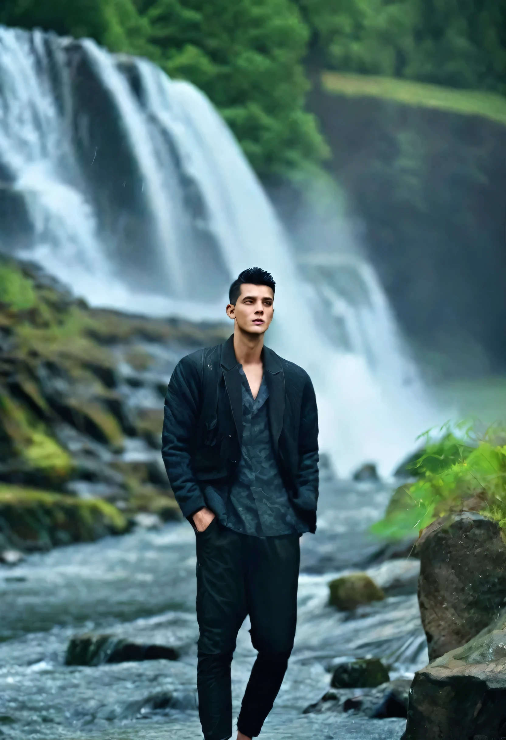 attractive male model, black hair, blurred background with waterfall and nature, Outfit: modern casual black