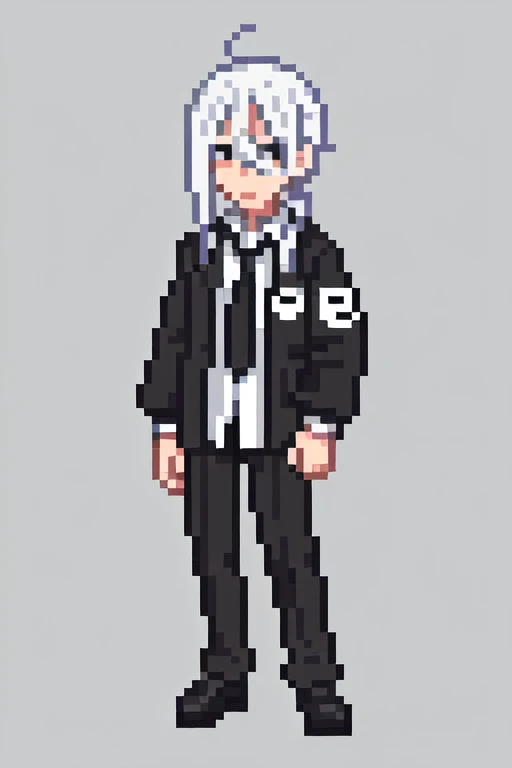 1 Boy,Off-white hair, Middle parting hairstyle,whole body,Character Design,Pixel World,Black school uniform,Black pants,campus,sideways,front,多角度Character Design,Multiple expressions,Multiple movements,carry schoolbag