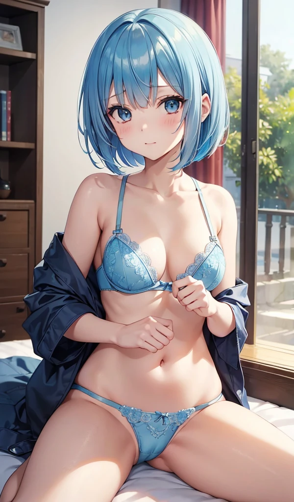 ((masutepiece)), ((Best Quality)), 8K, detaileds, Ultra-detailed, Detailed and Intricicated, 1girl in, lightblue hair, bob cuts, in one's underwear only, Light blue lingerie, Staring at me shyly,