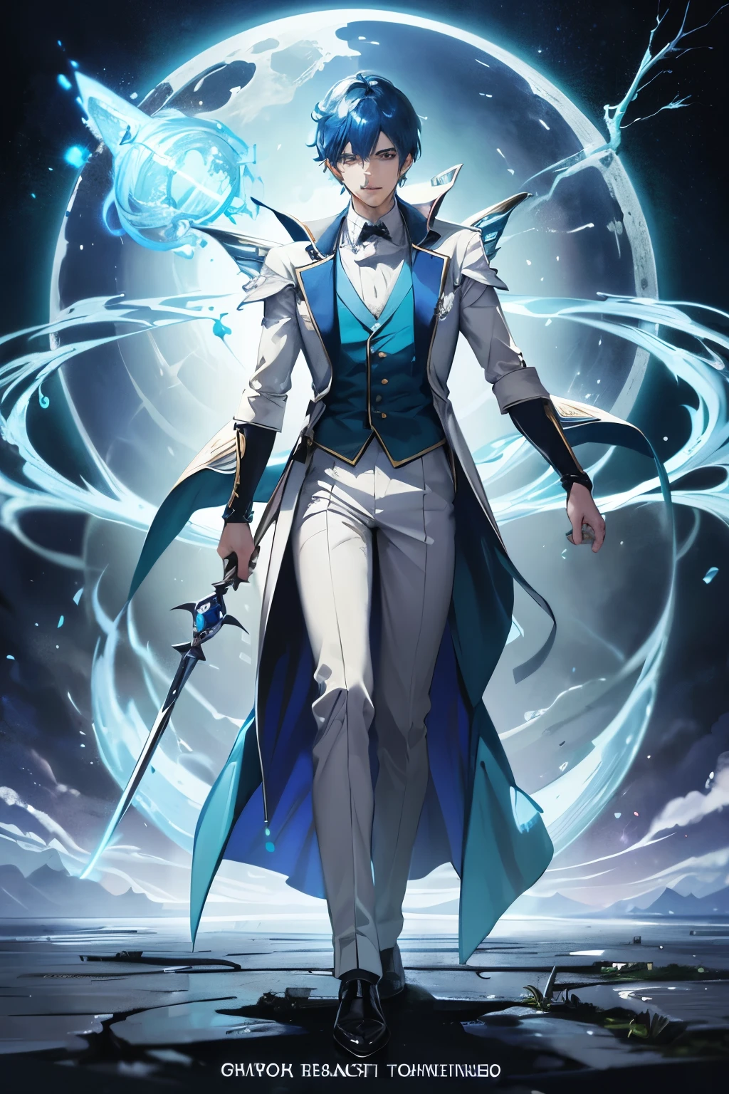 Blue hair standing in the field、Anime character in blue vest, A complete portrait of an elementalist, whole body picture, Fantasy Costume, Wearing fantasy formal attire, Delicate hermaphroditic prince, Moon Themed Clothing, Thin male fantasy alchemist, highly detailed whole body, Well-dressed Nightmare, kieran yanner&#39;s style, whole body xianxia, whole body!! Extreme details