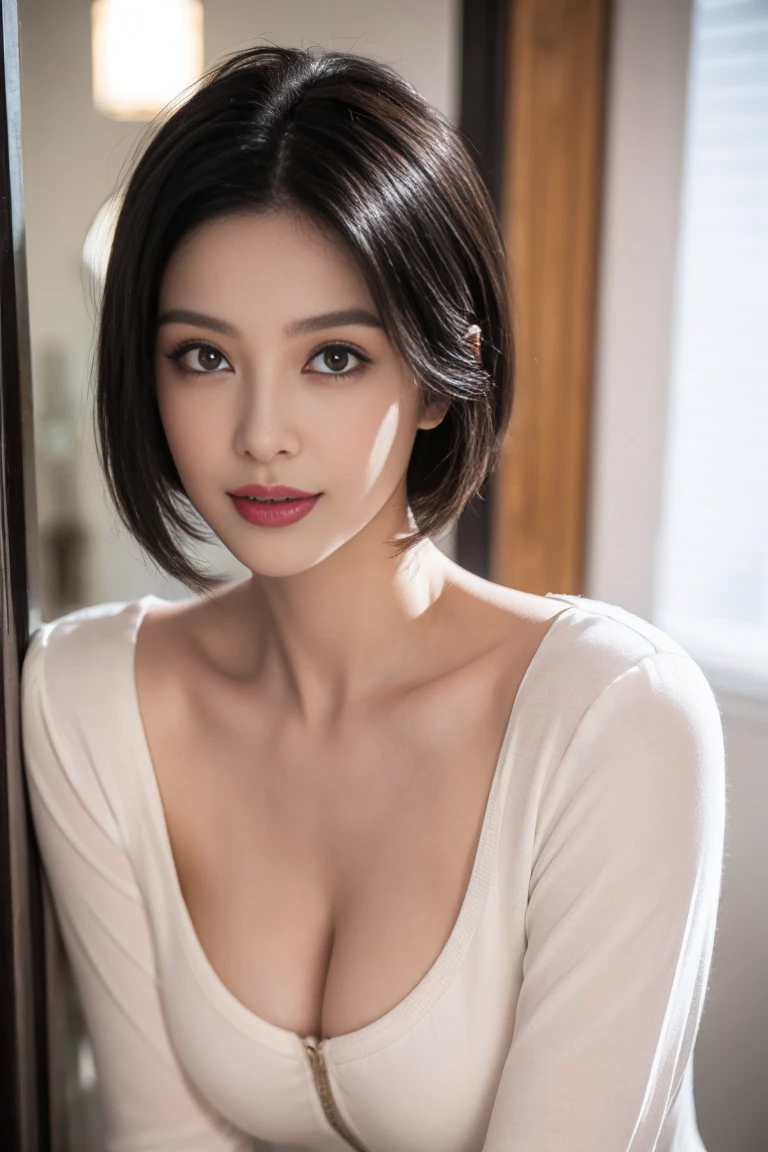 ((best quality,8k,masterpiece:1.8)), Very detailed,Very high definition, Busty woman, Beautiful woman,Brown short hair, Face detailed, Delicate eyes,big eyes, Double eyelids,Smile,Breast augmentation,Huge breasts,Breasts are huge,The cleavage is fully exposed,White pajama set,Natural breast contour,watet,Soaked,Bathroom shower