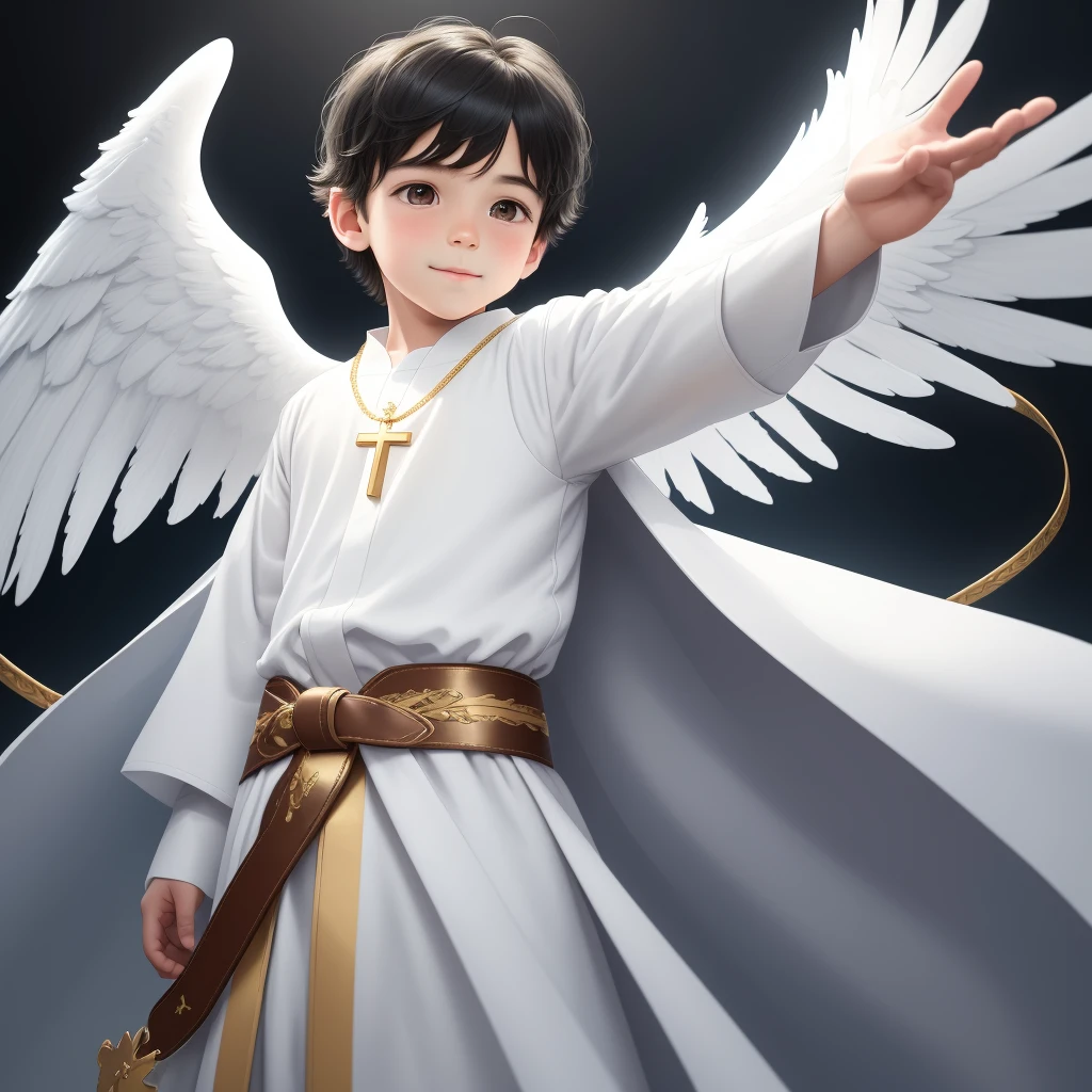 An incredibly charming wearing a long pure white angel robe, only man, beautiful blue wings, angelic look, happy eyes, hair with black bangs, simple brown belt at his waist, gold cross necklace. The illustration is in high definition with 4k resolution., 2d, with highly detailed facial features and cartoon style visuals. simple drawing, perfectly centered. You can see his entire body from head to toe.. standing in front