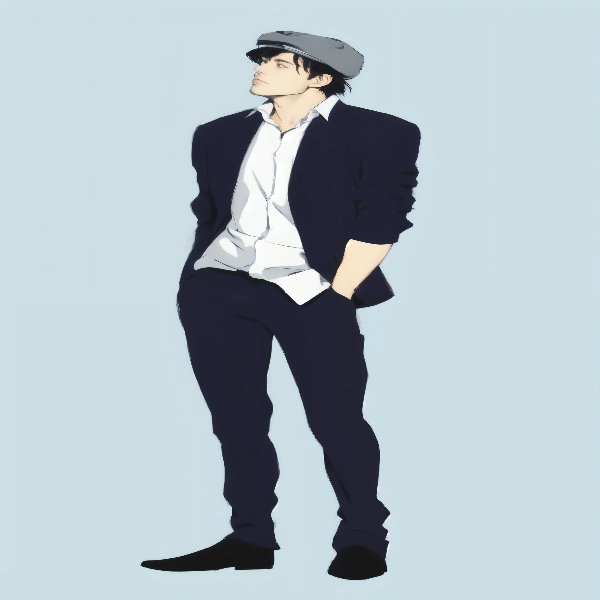 a man in a suit and hat standing with his hands in his pockets, !!full body portrait!!, anime full body illustration, tall anime guy with blue eyes, fullbody portrait, kentaro miura manga style, single character full body, full body illustration, kentaro miura style, kentaro miura manga art style, full body portrait
