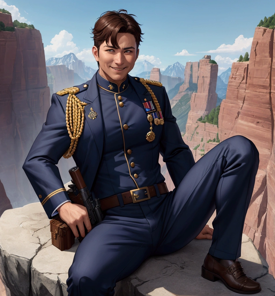 40-year-old man,、logic肉質、Navy blue cavalry uniform、Shocker Belt、Cliff in the mountains。Spread your legs wide、sit、logic,Gay ,Brown Hair、Very short hair。The crotch area of the pants is bulging、Villain's scary smile I'm holding a gun looking at the camera。