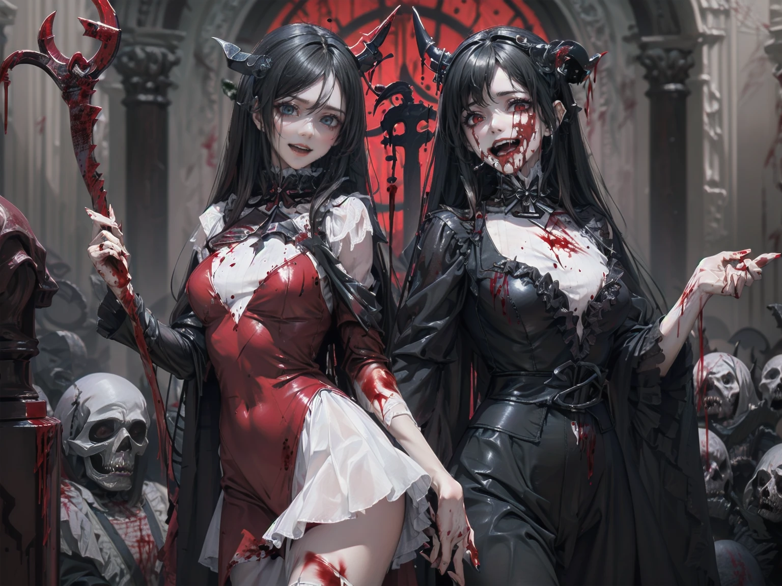 (Highest quality,4K,High resolution,masterpiece:1.2),Very detailed,Realistic:1.37,Spooky altar background,Dark fantasy,Red color scheme,Ominous atmosphere,Eye-catching,Storytelling,anatomy,Anime Style,Concept Art,beautiful細部までこだわった顔と (((Red eyes ))),A terrifying ritual ,Satanic Ritual,Premature death,inappropriate behavior,クレイジーなsmile,Scythe Face,Girl Monster, beautiful, Delicate facial features, Sharp Eye, Sharp Fangs, pale skin, Thick chain, Dark Background, Cinema Lighting, Dramatic Shadows, Gothic style, Gloomy atmosphere, Dark fantasy, One Girl, , Please open your mouth wide, Open your mouth and baring your teeth,Sharp teeth like a beast, Wide lips, very wide mouth, Vermilion cheeks, ,(Blood splatter:1.4),Scary smile, smile,Fallen angel design, Twisted smile、Bloody、bleeding from the head,,,,,、Blood splatter、,(Blood splatter:1.4),Crossbones, skull,Horror Style, ((Fantasy Fallen Angel Costume)), ((Flowing black hair)), ,(Blood splatter:1.4),Female curves, Sexy flat stomach, Perfect hands, Perfect anime face, ((White Lolita Dress)), Are standing, ((邪悪なsmile)), ,(Blood splatter:1.4), Steam circulates, Moonlight Illumination, night lighting, disaster々new devil horns,,(Blood splatter:1.6),アニメFallen angel design, Twisted smile、Bloody、bleeding from the head,,,,,、Blood splatter、,(Blood splatter:1.4),Crossbones, skull,Gothic architecture、Western architecture、Fantasy World、,Victorian cities, Skeleton Gas Light,Absurd, High resolution、 ((Tabletop)), ((Highest quality)), (Very detailedな), ((Very detailed)), (beautiful), ((pretty girl)), (NFSW:1.8), alone,(10 years old:1.6)、(world&#39;The most terrifying and creepy demon girl:1.5)beautiful face、Whole Body Ezbian、pale, beautiful肌、beautiful黒の髪、Smiling Kindly、Dark building ruins、(snow white&#39;Frill dress:1.3)、(The dark ruins are stained with blood:1.3)、Low angle full body shot、(少女は血の海の中にAre standing:1.5)、(The ground is full of blood:1.3)、(The girl lost a lot of blood....:1.3)、)、(クレイジーなsmile:1.6)、Spirits、(Blood dripping from the mouth:1.3)