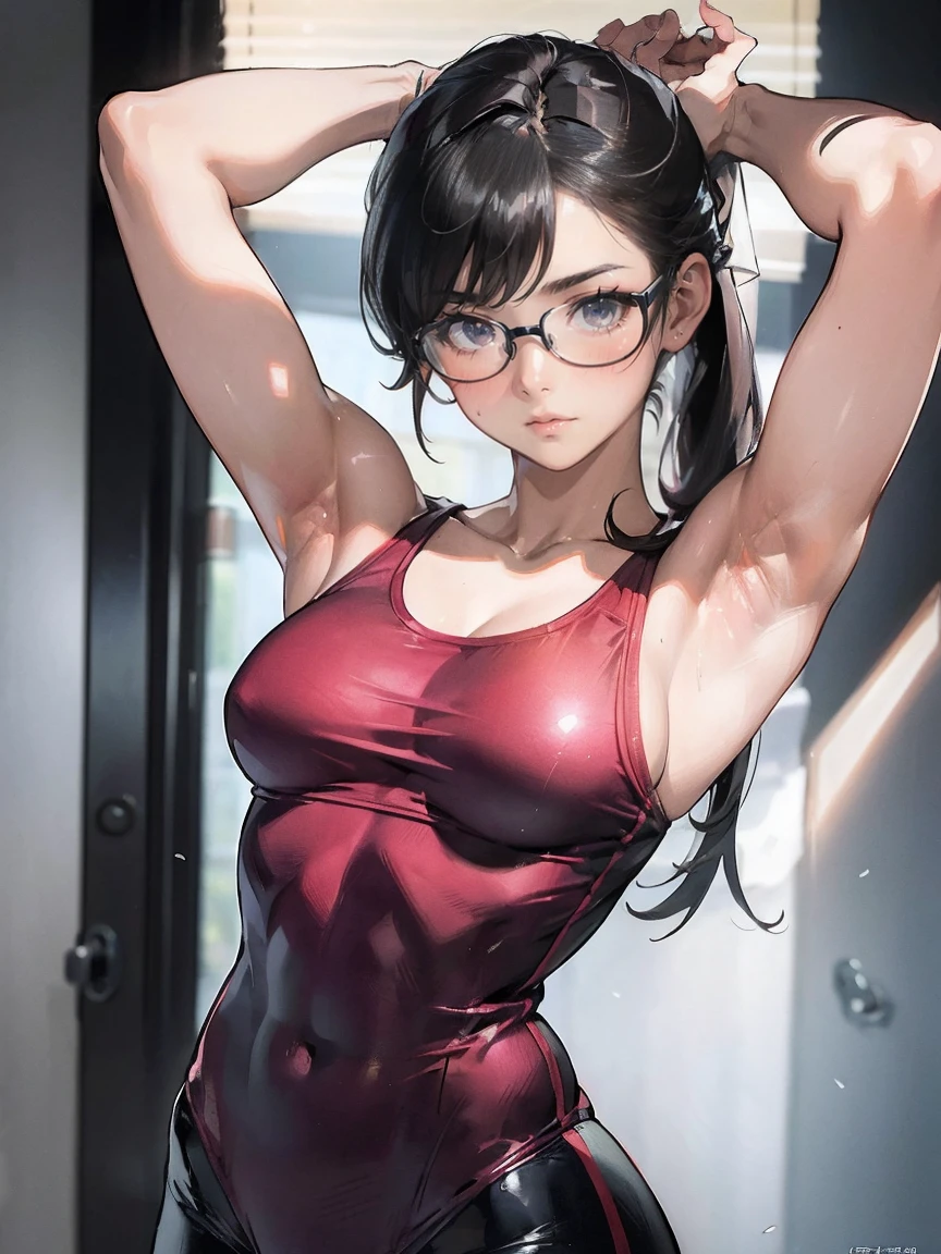 masterpiece、super high quality、Ultra-high resolution、Exquisite depiction down to the smallest detail、Honors Type, Really blushing, , Black-rimmed glasses、(Sturdy body:1.5、Armpit hair、Thick body、muscle)、Gym suit