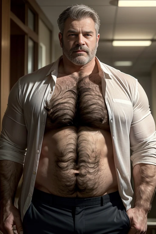 age 60, white man businessman, disheveled, muscular chubby, kind-hearted, ((buttoned-open shirt)), mature daddy, pants with a noticeable bulge, ((hairy chest peeking out)), a hint of sweat gleaming on his forehead, (looking intently at the viewer with a friendly expression).
Or,
age 60, distinguished white man businessman, disgusting turn of events, muscular yet chubby build, kind and compassionate nature, open shirt revealing a hairy body, mature and dashing, pants with a pronounced bulge, ((hairy chest covered in graying hair)), absorbing the dim lights