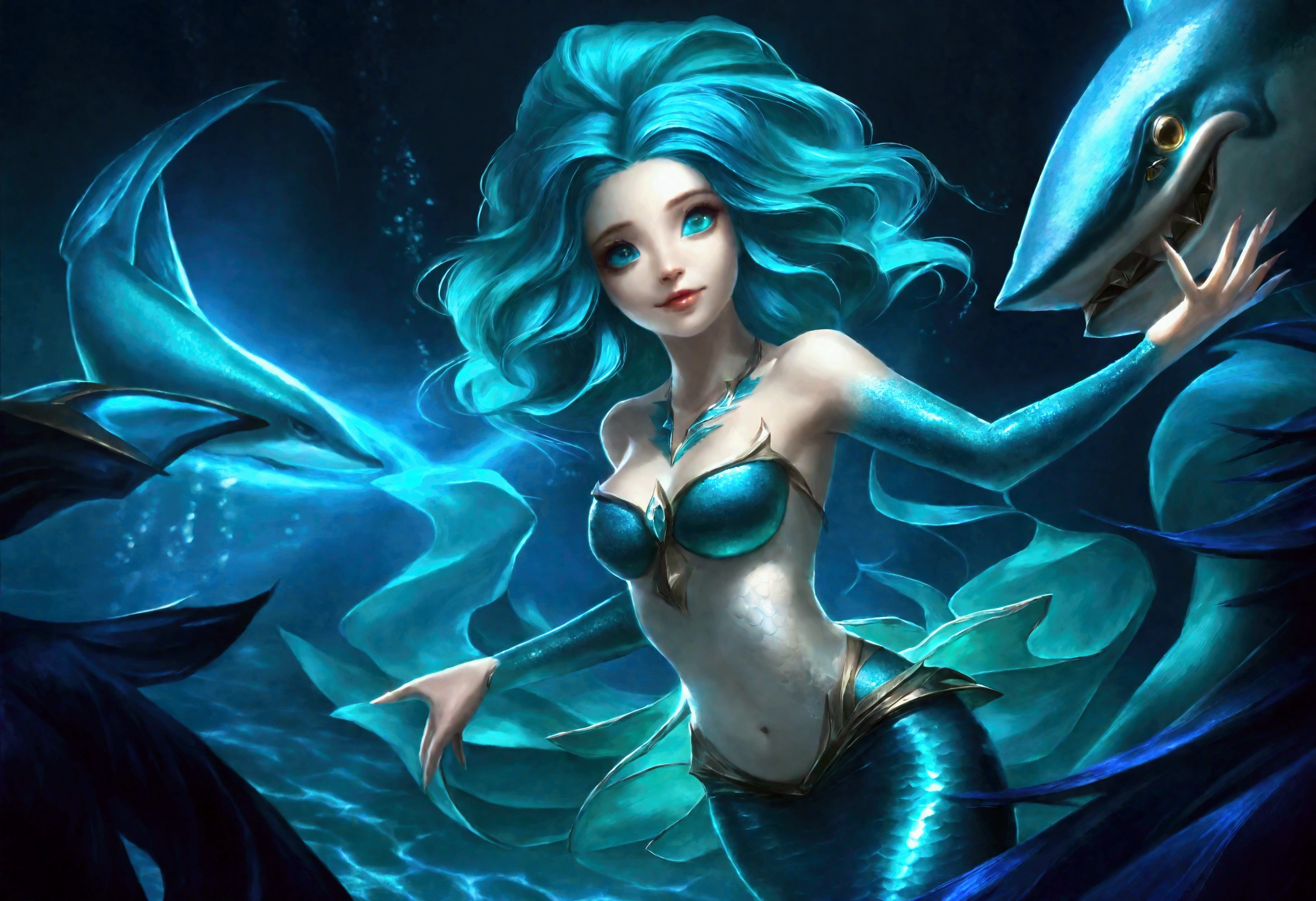 A cute woman mermaid (turquoise hair, pale skin, blue scales, breast covers) is dancing with a blue shark deep in the ocean, glowing creatures watch nearby lighting the scene
