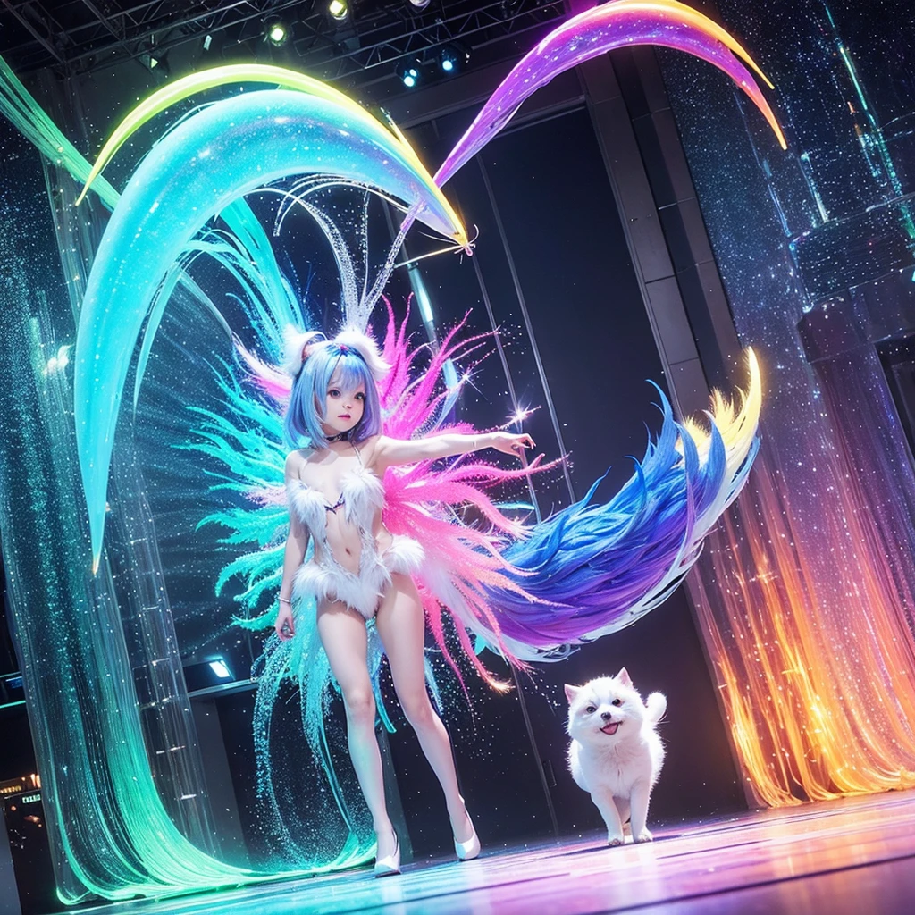 Cute creature morph: Small, fluffy pet animal. Starts glowing, grows bigger. Sprouts wings, tail lengthens. Fur changes color in rainbow wave. Final burst of sparkles reveals majestic, magical creature. Flies around room, leaving trail of glitter