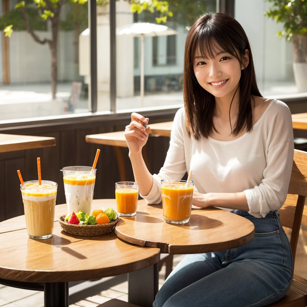 Japanese woman smiling at a cafe table alone There is Greek yogurt and mixed fruits. and orange juice on the table