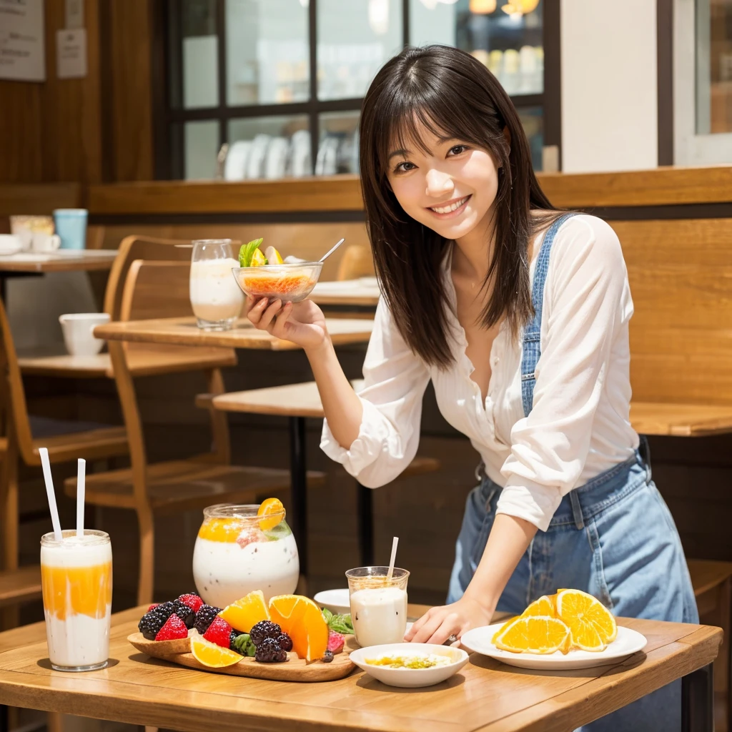 Japanese woman smiling at a cafe table alone There is Greek yogurt and mixed fruits. and orange juice on the table