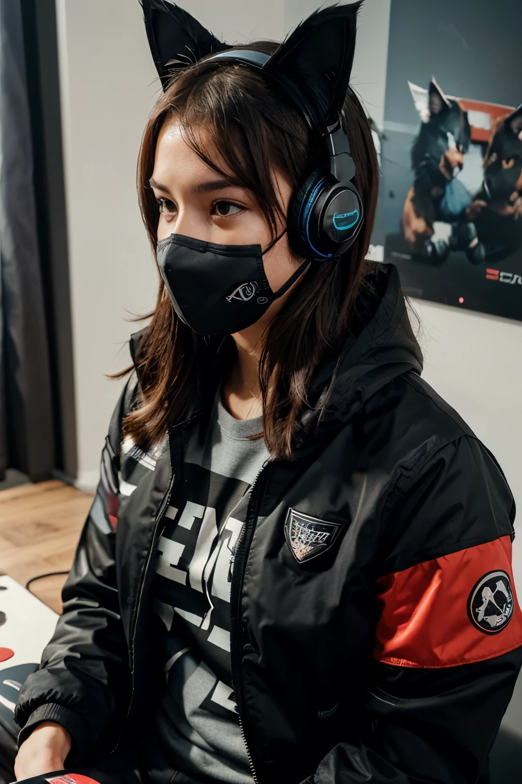 Physical gamer type image or stream for a profile photo with a round frame with a black jacket, face masks and cat headphones and a PS4 controller