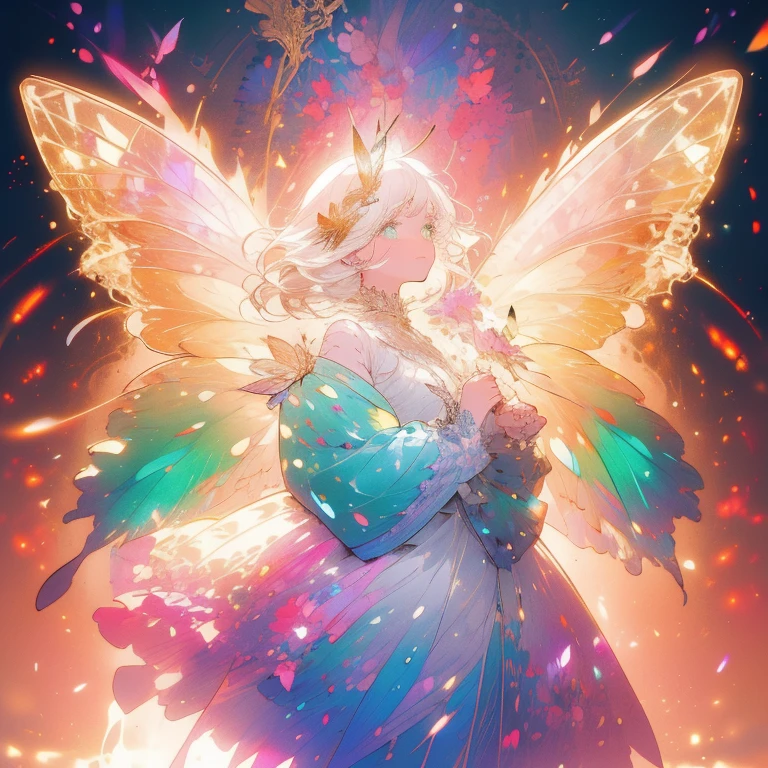 a beautiful (1girl) with colorful butterfly wings, white hair, detailed face, green eyes,intricate butterfly wings,detailed wing patterns,detailed clothing,colorful butterfly wings,cinematic lighting,golden light particle, best detailed,masterpiece,ultra detailed, best shadow, delicate,action pose, (dynamic angle,detailed background, fantasy), (beautiful detailed face), high contrast, (best illumination, an extremely delicate and beautiful), ((cinematic light)), colorful, hyper detail, dramatic light, intricate details, butterfly circle, magic crystals, Fantastic fairy, Unique type 