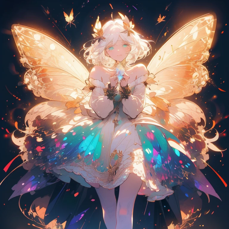 a beautiful (1girl) with colorful butterfly wings, white hair, detailed face, green eyes,intricate butterfly wings,detailed wing patterns,detailed clothing,colorful butterfly wings,cinematic lighting,golden light particle, best detailed,masterpiece,ultra detailed, best shadow, delicate,action pose, (dynamic angle,detailed background, fantasy), (beautiful detailed face), high contrast, (best illumination, an extremely delicate and beautiful), ((cinematic light)), colorful, hyper detail, dramatic light, intricate details, butterfly circle, magic crystals, Fantastic fairy, Unique type