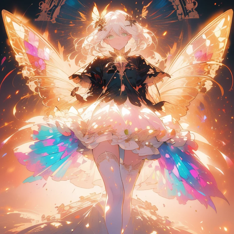 a beautiful (1girl) with colorful butterfly wings, white hair, detailed face, green eyes,intricate butterfly wings,detailed wing patterns,detailed clothing,colorful butterfly wings,cinematic lighting,golden light particle, best detailed,masterpiece,ultra detailed, best shadow, delicate,action pose, (dynamic angle,detailed background, fantasy), (beautiful detailed face), high contrast, (best illumination, an extremely delicate and beautiful), ((cinematic light)), colorful, hyper detail, dramatic light, intricate details, butterfly circle, magic crystals, Fantastic fairy, Unique type 