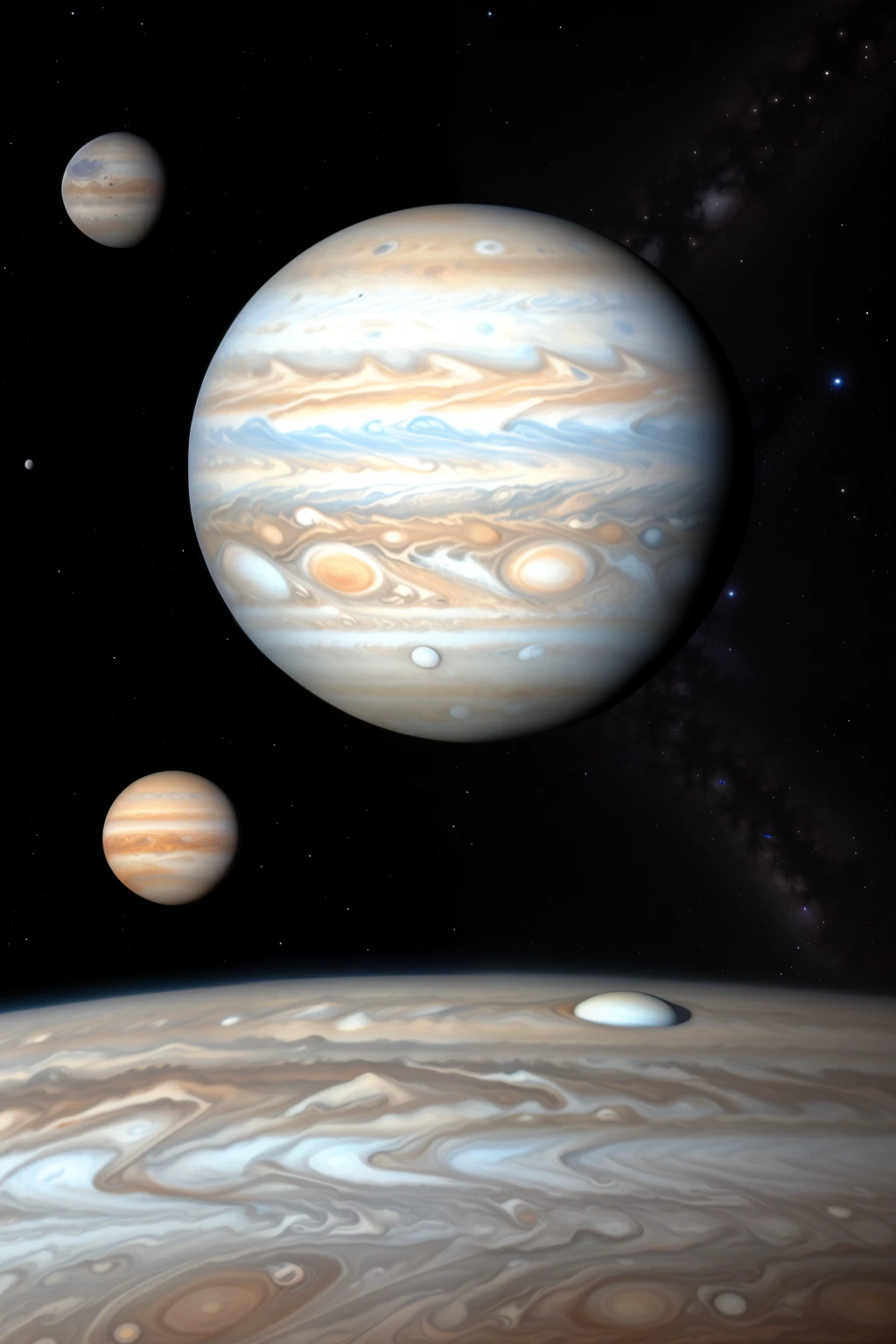 Jupiter&#39;s clouds illustration by Dan Mumford, Exotic landscapes and vegetation, Spectacular Scene, Lots of swirling clouds, High exposure, Very detailed, Realistic, bright bluish color, Ultra-high resolution