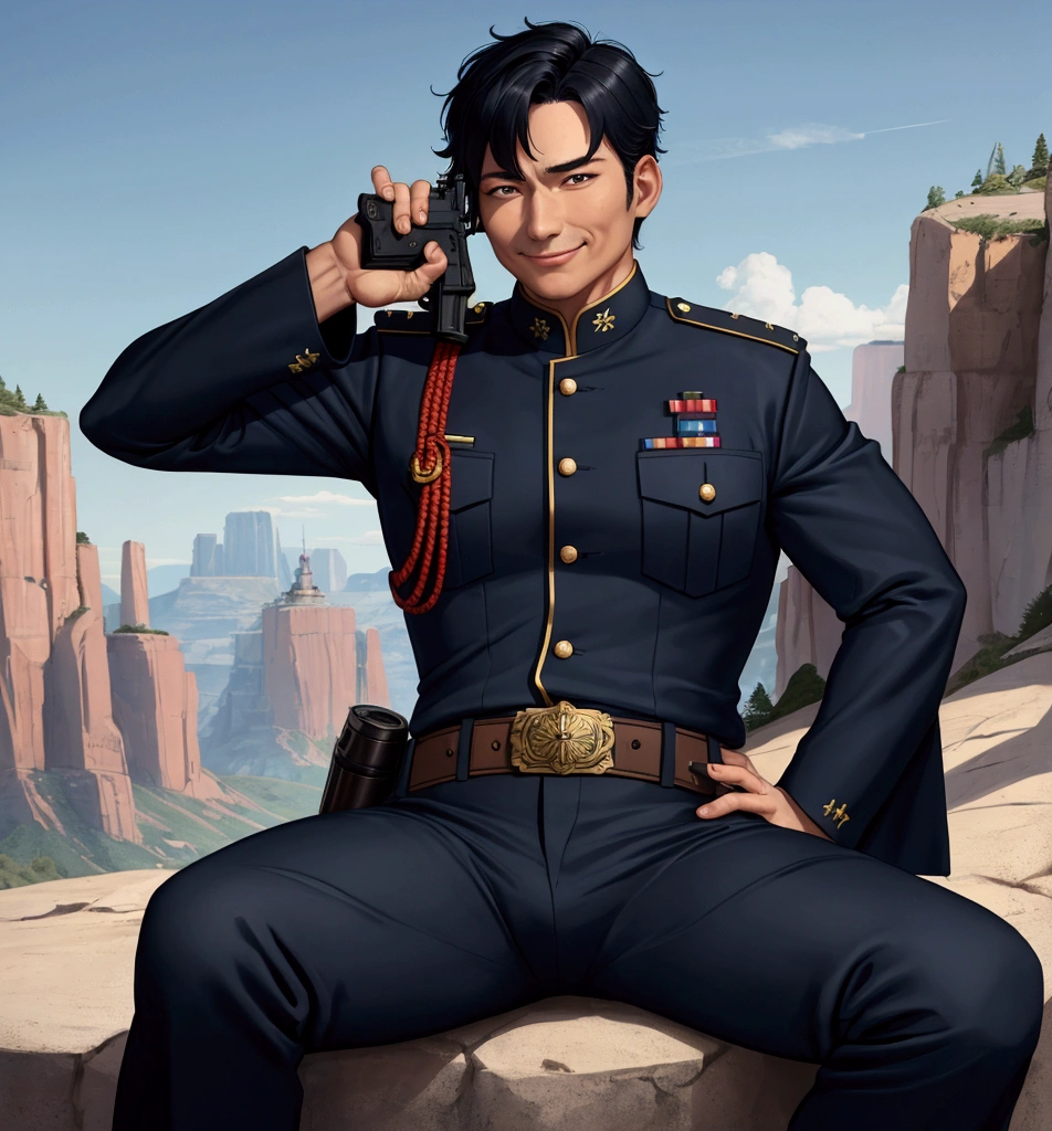 40-year-old man,、logic肉質、Navy blue cavalry uniform、Shocker Belt、Cliff in the mountains。Spread your legs wide、sit、logic,Gay ,Black Hair、Very short hair。The crotch area of the pants is bulging、Villain's scary smile I'm holding a gun looking at the camera。