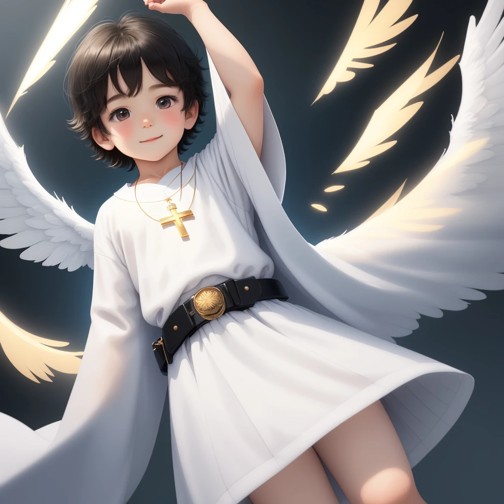 Girl Tied to a Cross，Angel wings on both shoulders,（A cross of light in your eyes）,Halo,Wing relief，Smile,Show your whole body，Open your arms，Anime Style，naked，Concept Art，Pin-up posters，Fluttering feathers,Shiny Wing Bikini,A shining cross on the crotch