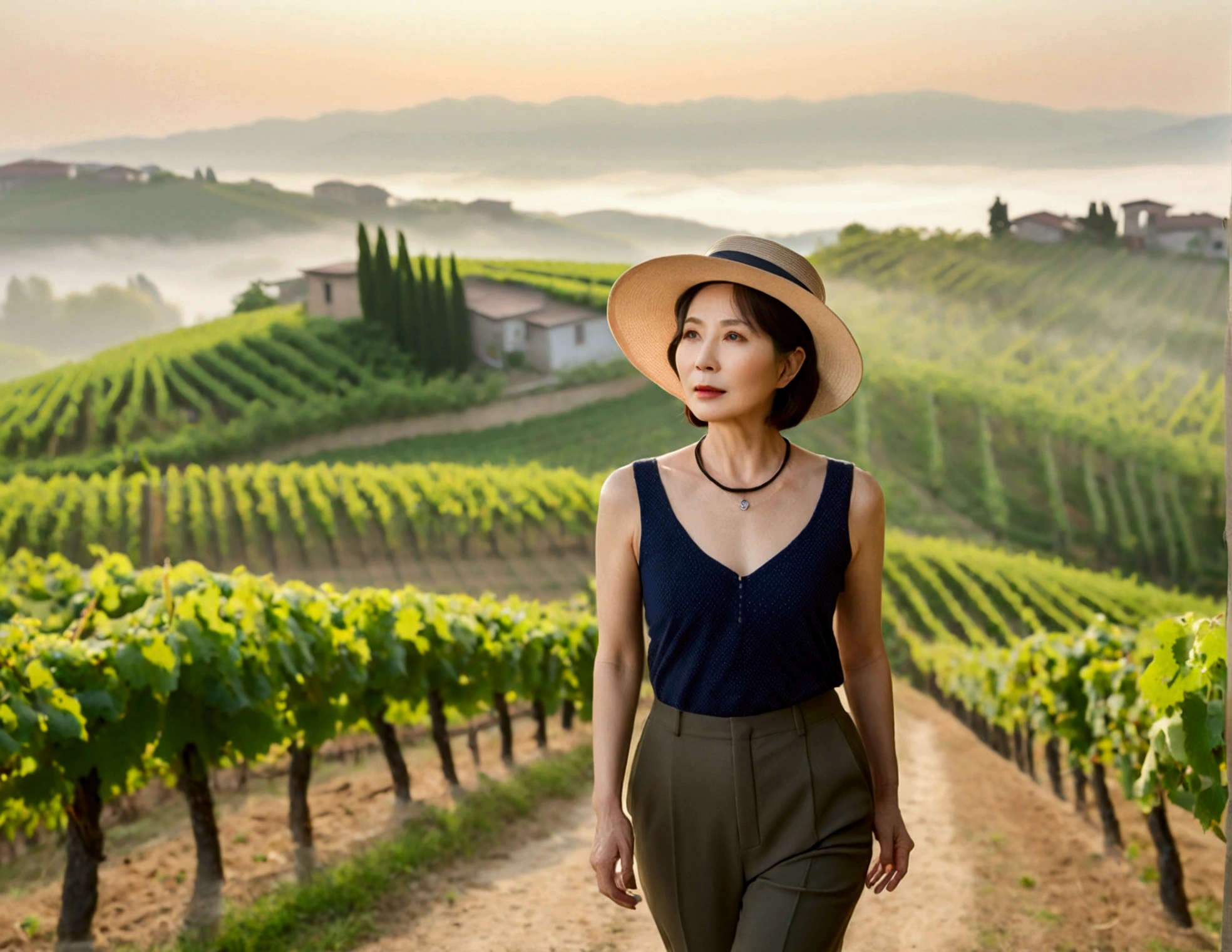 Italy foggy countryside dawn, Endless vineyards, A cathedral can be seen far away in the fog.. Korean woman in her 40s, Wearing a luxury brand sleeveless dress, casual pants, Korean woman with beautiful short medium bob hair, Standing on a path on top of a vineyard hill, Beautiful Korean woman with bright and clear skin, The neckline is clean and beautiful.. Korean woman with a graceful and humble expression,Wear a slightly large, high-quality hat with a round rim., standing in the vineyard , small black string necklace, 1 woman