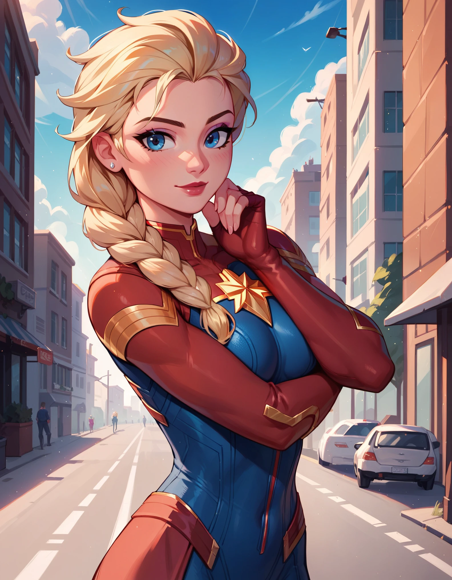 score_9, score_8_up, score_7_up, score_6_up, 1girl, solo, elsa (blonde hair, braid:1.1), wearing (Captain marvel suit:1.2), hugging anna, city street, cinematic lighting.