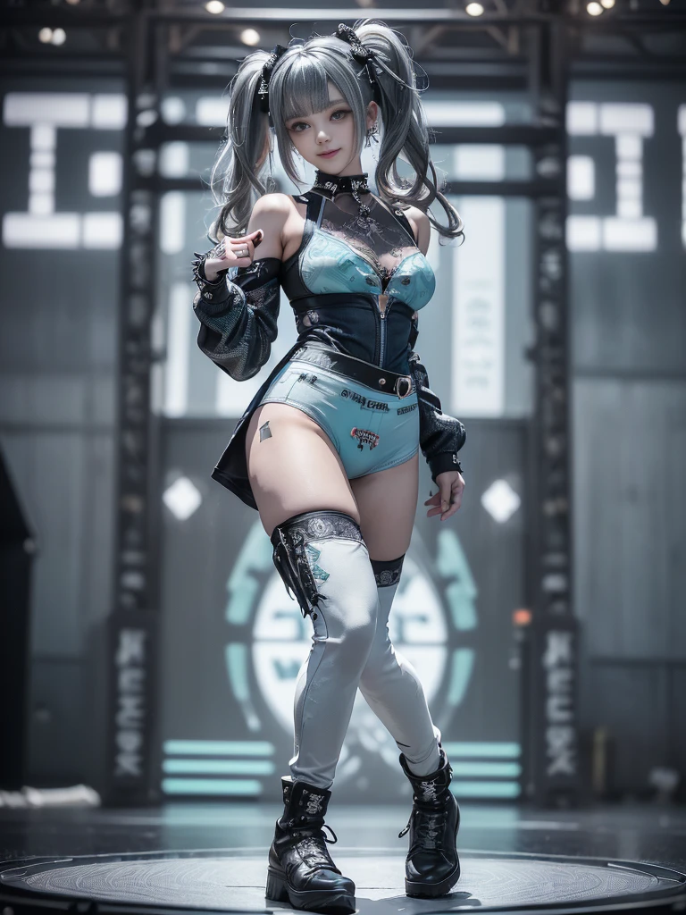 (Full body image:1.3)、(Side view:1.1)、(Smiling with teeth showing:1.3),(Shibuya Gal:1.5)、(Fashion in the style of Gothic Lolita:1.5)、(Punk rock visual kei:1.5)、(Wearing a rhythmic gymnastics bodysuit with intricate details:1.4)、(Complex white racing suit and pants, Denim and turquoise decor:1.5)、(Denim and light blue and white boots:1.3)、((belt))、(A number of subtle logos are featured throughout the costume々:1.4)、(collar:1.3)、(Logo patterned underwear:1.5)、20-year-old、Browsing Caution、((Highest quality、In 8K、masterpiece:1.3))、Sharp focus:1.2、(Layered Cut、Huge boobs:1.1),Beautiful woman with perfect figure:1.4、(Dance vigorously:1.3)、Slim Abs:1.2、Highly detailed face and skin texture、Detailed eyes、double eyelid,(Twin tails:1.3)、(Dark silver hair:1.3)、Idol Sculpture、(The background is the stage for a fashion show:1.3)、(The body is slim:1.3),(Slimming your legs:1.4),（clavicle:1.1）、(Thin and slim thighs:1.3)