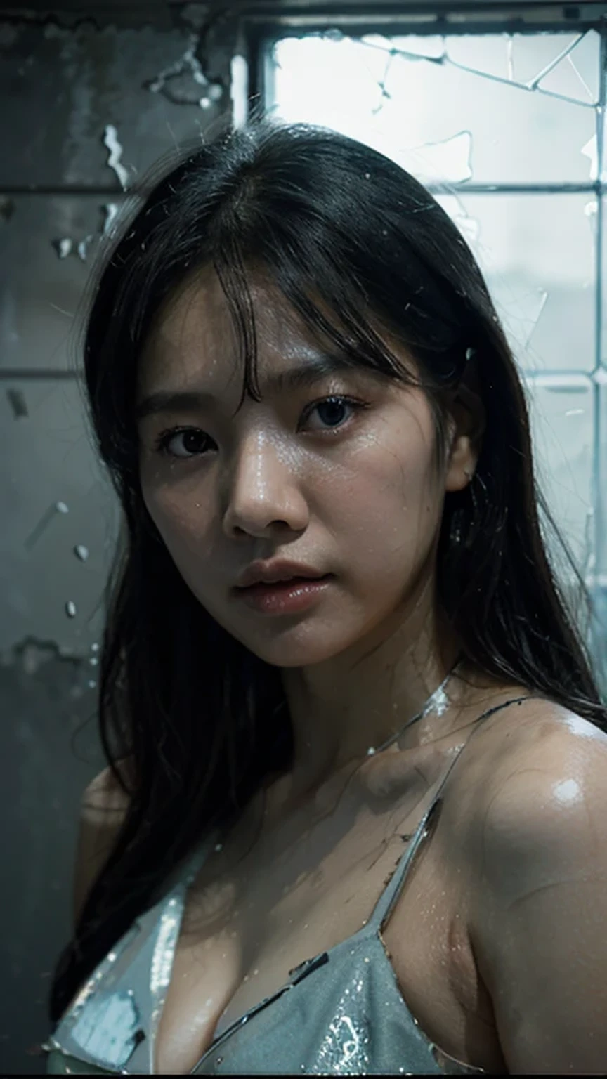 A photo that captures a dramatic and haunting scene of a korean woman's bare face, a hint of sweat visible on her skin, natural lips color, with blue eyes color, unkempt black hair visible through shattered glass, the glass grating into irregular shapes, with the light reflecting off the jagged edges, the woman's expression it's charming and intense, with her eyes staring into the distance, the background dark and slightly blurred, emphasizing the shattered glass and the woman's features.
Fog and water drops visible in the glass, mysterious atmosphere, chiarosuro, octane rendering