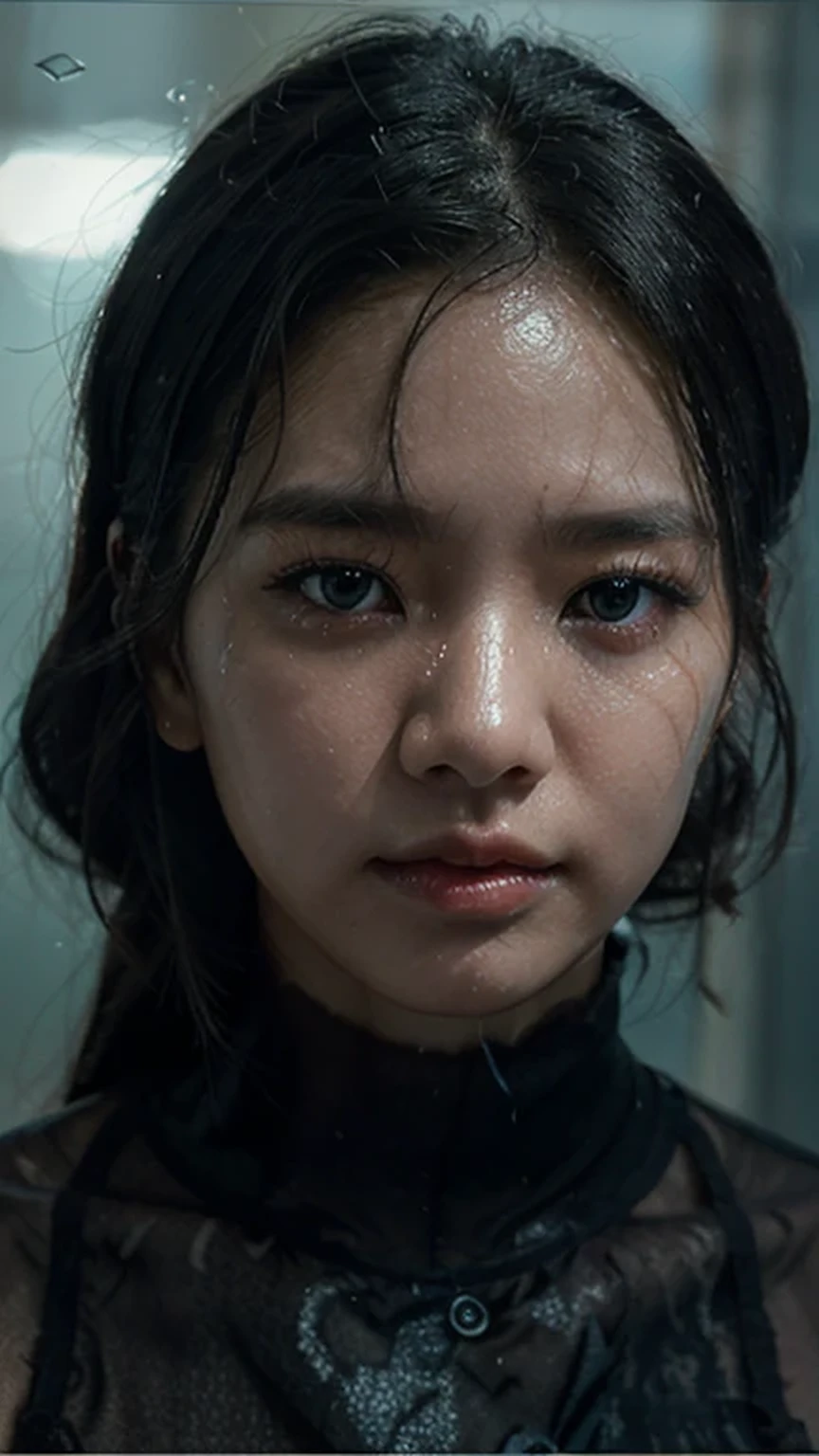 A photo that captures a dramatic and haunting scene of a korean woman's bare face, a hint of sweat visible on her skin, natural lips color, with blue eyes color, unkempt black hair visible through shattered glass, the glass grating into irregular shapes, with the light reflecting off the jagged edges, the woman's expression it's charming and intense, with her eyes staring into the distance, the background dark and slightly blurred, emphasizing the shattered glass and the woman's features.
Fog and water drops visible in the glass, mysterious atmosphere, chiarosuro, octane rendering