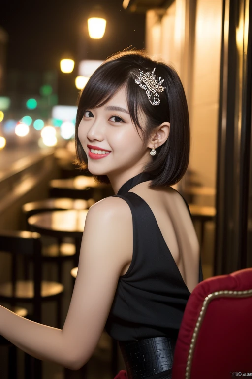 (((Top quality, 8K, Masterpiece: 1.3)), Beautiful girl, Pure, Melon face, feminine and cute, kind smile, Pure desire, Slender body, (Front), (Tilted head), ((Looking at camera) ), wearing an elegant red dress, retro black silky short bob hair, long flowing shoulders, round black big eyes, clear big eyes, moist red lips, sweet, sitting on a chair, cafe terrace background ,(((waist shot))),SFW, night Bokeh, Hair accessories, high_angle_shot)