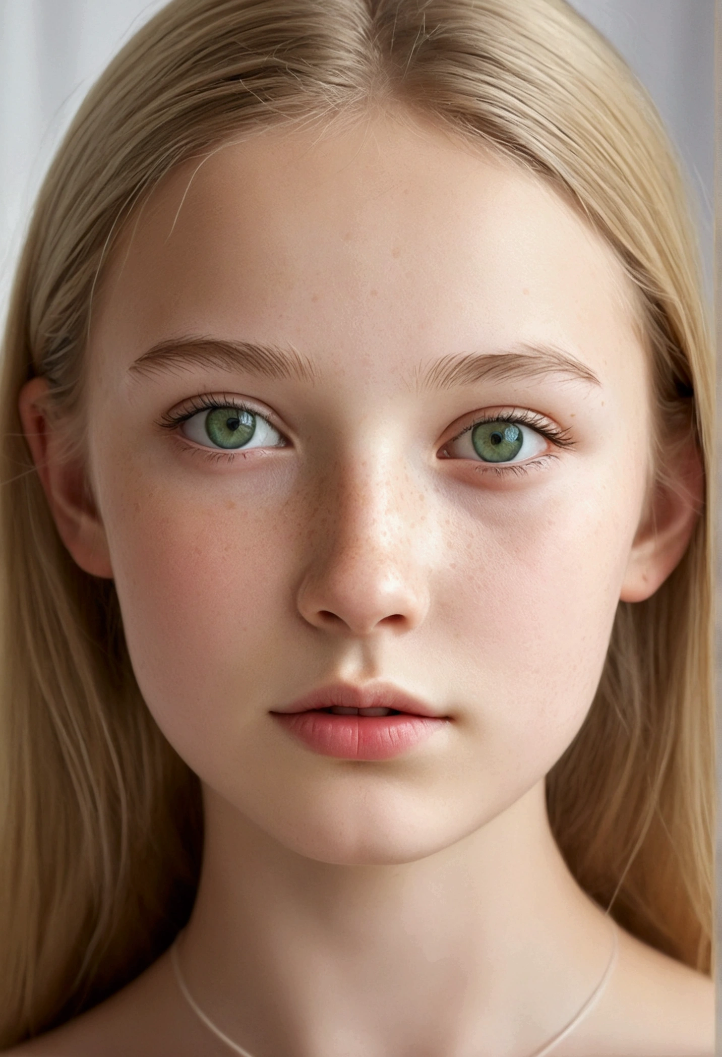 hyperrealistic, -yeld gi Russian, blonde, green-grey eyes, transparente white skin, freckles on the cheeks, small lips, round nose, thin face. realistic, long legs, Wear a tiny bra, bare shoulders, sexy photo, photo from bihind