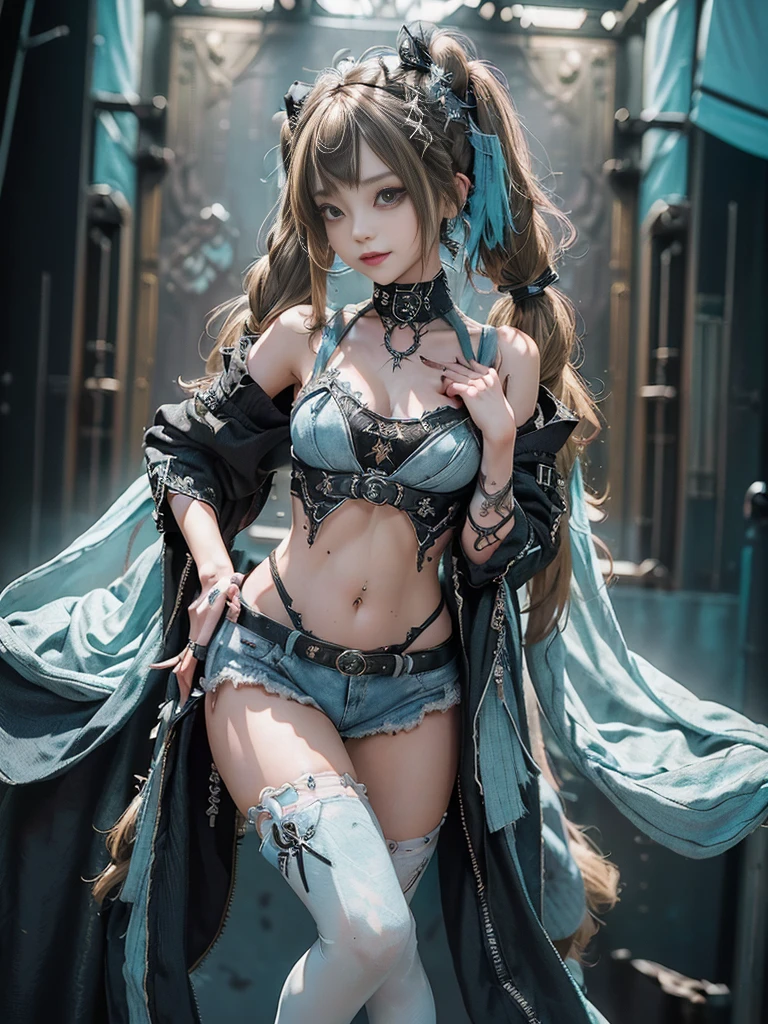 (Full Body View:1.3)、(Side view:1.1)、(Smiling with teeth showing:1.3),(Shibuya Gal:1.5)、(Gothic ta style fashion:1.5)、(Punk RockVisual Kei:1.5)、(Wearing a rhythmic gymnastics bodysuit with intricate details:1.4)、(Cloak de cour with delicate decorations in white, denim and turquoise:1.5)、(Denim with turquoise and white boots:1.3)、((belt))、(Numerous delicate logo marks all over the costume:1.4)、(Denim collar:1.3)、(Striped underwear:1.5)、30 years old、NSFW、((Highest quality、In 8K、masterpiece:1.3))、Sharp focus:1.2、(Layered Cut、Beautiful boobs:1.1),Beautiful woman with perfect figure:1.4、(Sexy Gravure Pose:1.3)、Slender Abs:1.2、Highly detailed face and skin texture、Detailed eyes、double eyelid,(Twin tails:1.3)、(Brown-golden hair:1.3)、Gravure idol、(The background is the stage of the fashion show:1.3)、(Slim Body:1.3),(Make your legs thinner:1.4),(clavicle:1.1)、(Thin thighs:1.2)