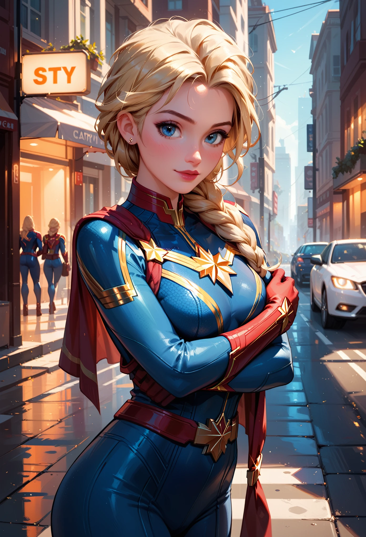 score_9, score_8_up, score_7_up, score_6_up, 1girl, solo, elsa (blonde hair, braid:1.1), wearing (Captain marvel suit:1.2), hugging anna, city street, cinematic lighting.