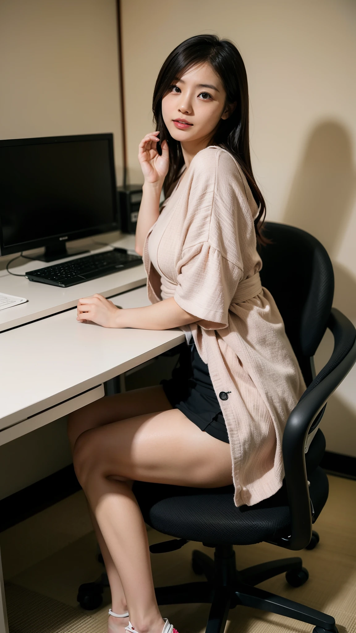 One girl sitting on an office chair,computers,(Japanese women:1.3),31 years old,Delicate,business women's clothing,(Jacket:1.1),(shirt:1.1),(Wrap skirt:1.1),jewelry,socks,stockings,Black Lens Stockings,It gives me goosebumps,Goose - meat,(Faithfulness:1.3),Filigree,quality,(masterpiece:1.2),(Faithfulness:1.2),(highest quality),(Skin details:1.3),(Intricate details),dramatic,Ray Tracing,photograph,In the Shadows,Visual novel,Skyscraper boss's office,Windows with city views,Film Grain,Depth of written boundary