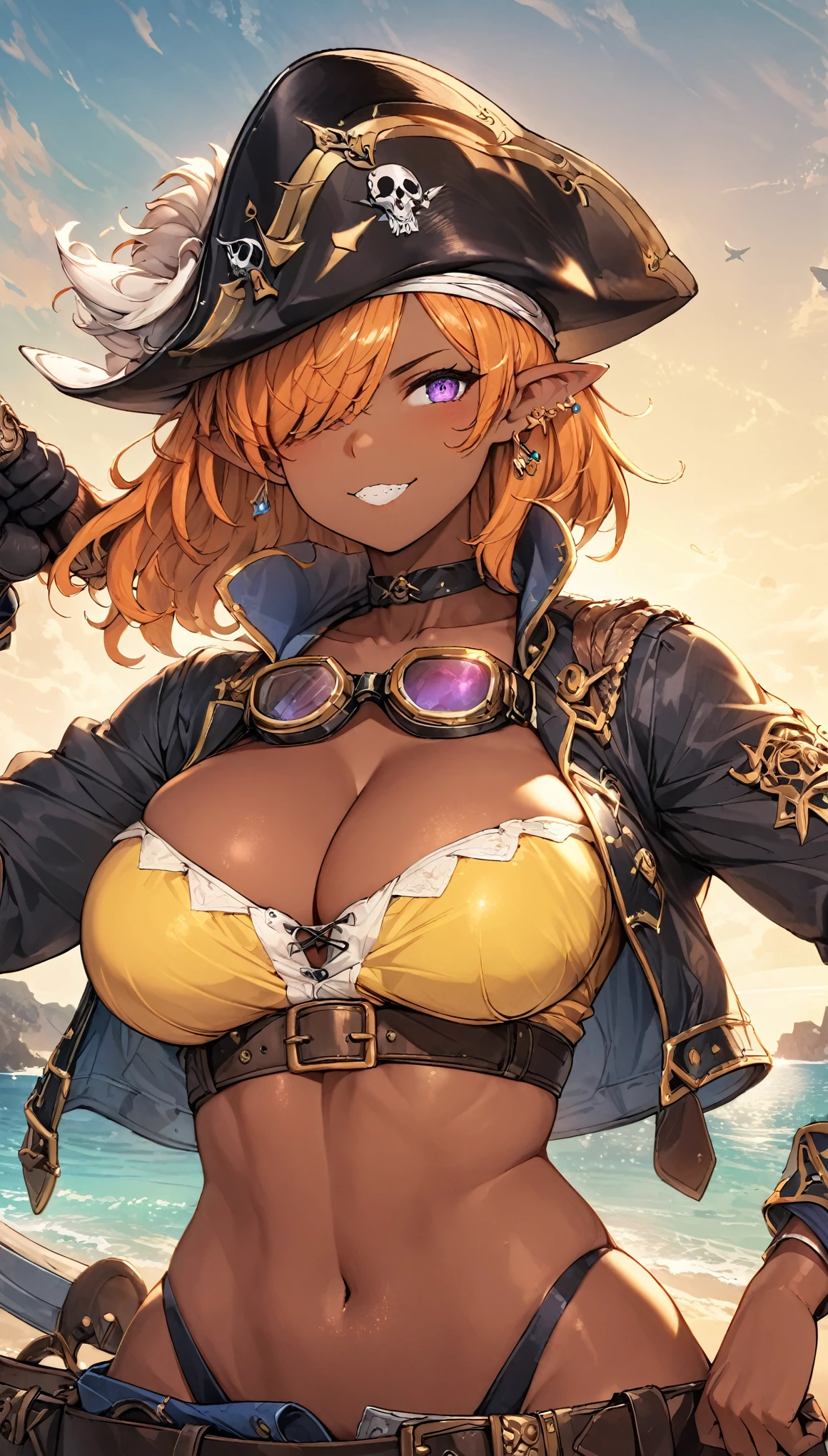 best quality,4k,8k, highres, masterpiece:1.2), ultra-detailed, extremely detailed eyes, extremely detailed body, (large masterpiece digital art), (detailed manga illustration), (detailed line art), ((perfect anatomy)), (intricate details:1.3), (ultra-detailed:1.3), (illustration:1.3), (sharp focus:1.3), (natural lighting:1.05), (vivid colors:1.3), (masterpiece), (best quality:1.4), (perfect anatomy:1.4), high quality, expressive eyes, full body, detailed face, beautiful face, perfect face, 1 girl, breast, large breast, cleavage, detailed hair, medium hair, orange hair, hair over one eye, purple eyes, goggles around neck, (whale girl), fins, pointy ears, pirate, pirate hat, tricorne, earrings, ((yellow shirt)), crop top, cross-laced clothes, belt, wide smile, (sharp teeth), ((cropped jacket)), martial artist stance, (midriff), asymmetrical clothes, (asymmetrical pants), gloves, curvy, two-tone skin, black skin, jewelry, Intricate, High Detail, Sharp focus, dramatic, cinematic lighting, dramatic atmosphere, (((coastline background))), soft bokeh of beach,