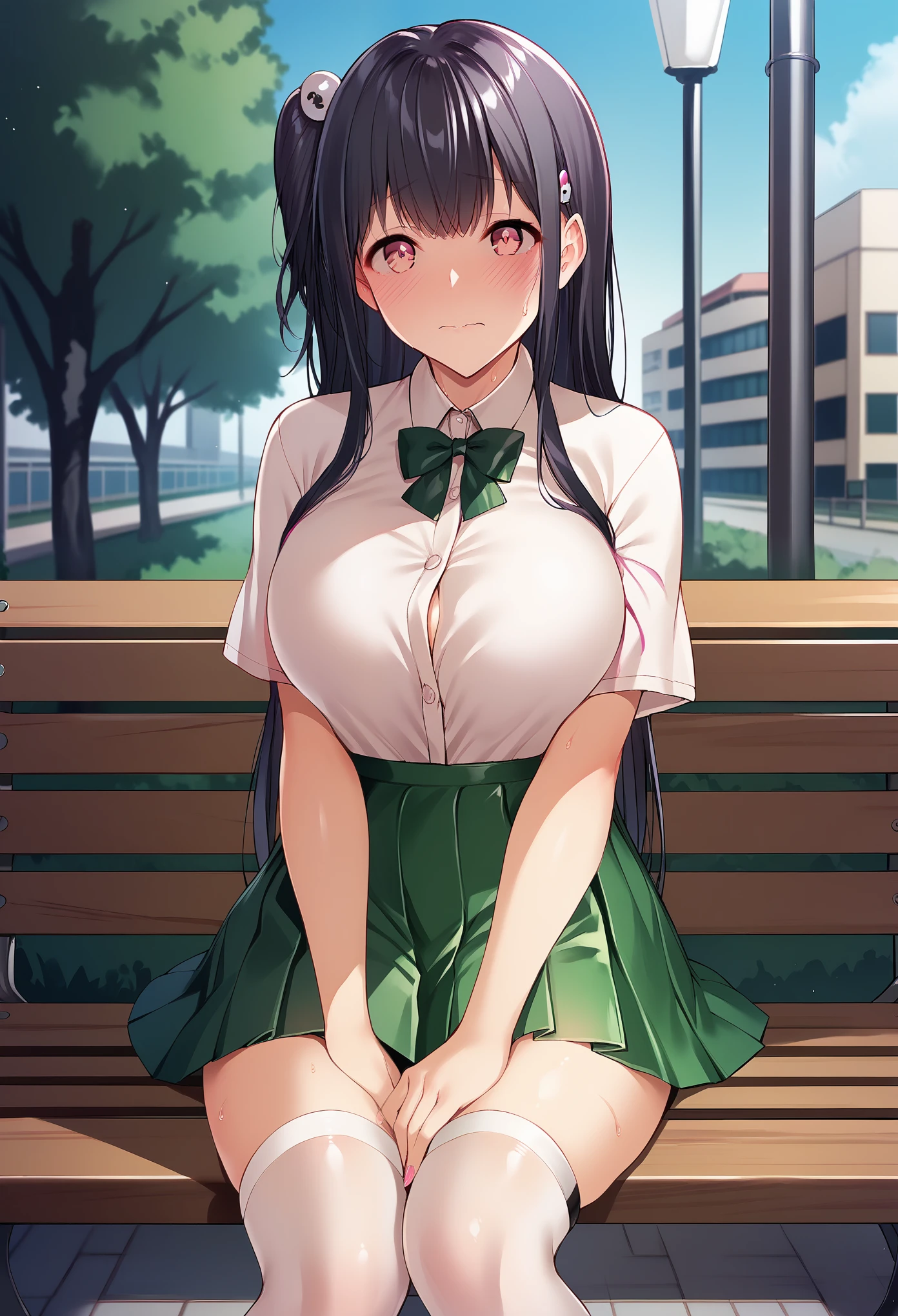 Score_9, score_8_up, score_7_up, score_6_up, source_anime, honoka\(DOA\), black hair, blunt bangs, hime cut, sitting on bench, closed legs, cowboy shot, embarrassed, hand on leg, 1girl, solo, looking at viewer, blush, white shirt, pleated skirt, green skirt, white thighhighs, skindentaion, large breasts, outdoors, park, on bench, day, tree, corruption, corrupt_girl