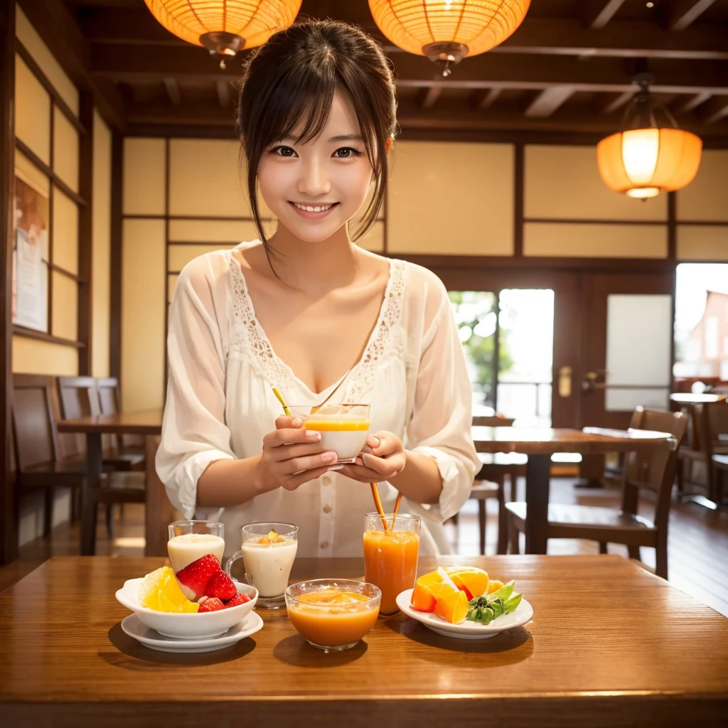 1 beautiful japanese woman smiling alone at cafe table, yogurt with mixed fruit, orange juice on table, intricate details, photorealistic, 8k, high quality, dramatic lighting, warm color tones, natural environment