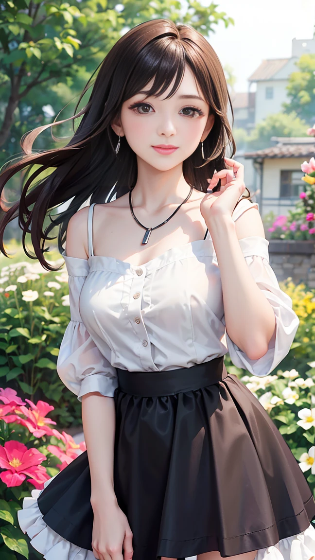 (Highest quality、 8k 、masterpiece、High resolution)、Young lovely woman、Ample breasts、Smooth and unnoticeable collarbone、Slender beauty、(Brown hair medium、My hair is blowing in the wind、Flows backwards)、Full Body Shot、 (Beautiful Face,Beautiful Eyes,Beautiful nose,Pretty lips)、(Stephanie hoove earrings、silver heart necklace)、((Black tops、White and monochrome dot long skirt(Ankle length))、Her mouth opens slightly and a smile appears.、Nice pose、Outdoor、(A Western-style garden filled with blooming flowers)、Colorful flowers、Vibrant colors、The red stands out、looking at the camera、Professional Lighting、Professional photographer、Detailed CG、