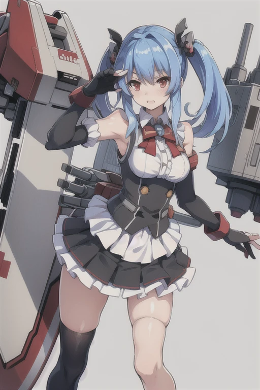 prinz eugen \(warship girls r\)，((masterpiece)),(((best quality))),((ultra-detailed)),((illustration)),((disheveled hair)),((frills)),(1 girl),(solo),1girl, bare shoulders, black skirt, blue hair, breasts, cannon, detached sleeves, fingerless gloves, gloves, long hair, looking at viewer, mecha musume, medium breasts, miniskirt, pleated skirt, red eyes, rigging, skirt, solo, standing, sword, thighhighs, turret