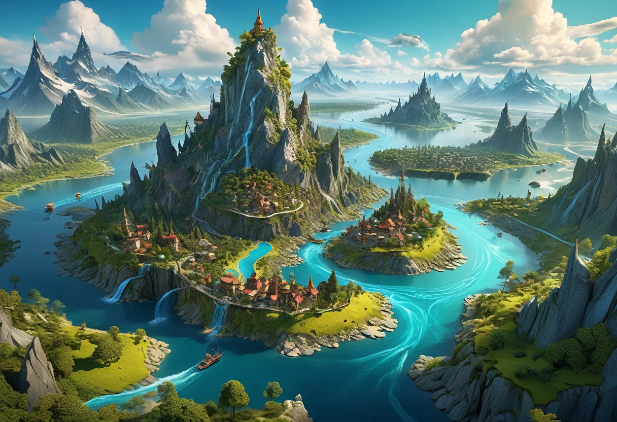 a fantasy caricature map, highly detailed world map, surreal landscapes, vibrant colors, exaggerated geography, whimsical mountains, winding rivers, fantastical forests, imaginative cities, floating islands, surreal skies, magical elements, dreamlike atmosphere, intricate details, stylized cartography, (best quality,4k,8k,highres,masterpiece:1.2),ultra-detailed,(realistic,photorealistic,photo-realistic:1.37),digital painting, concept art