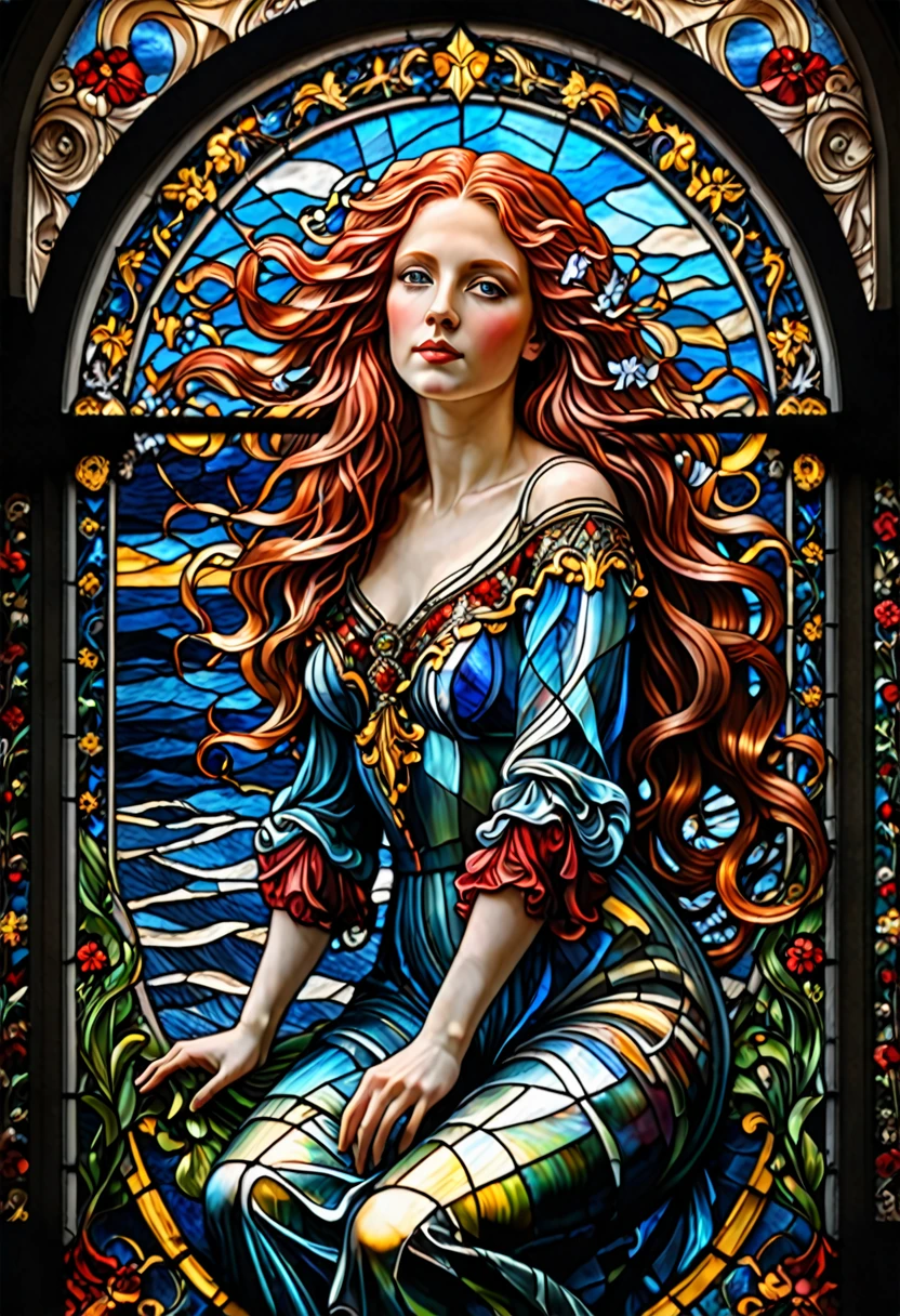 best quality, very fine, 16K, incredibly absurdres, extremely detailed, delicate and dynamic, puzzle, Transparent stained glass window representing a sublime woman with very long wavy red hair reaching down to her thighs, peintures sublime sur cadre noir, Iris reflets, Mediterranean atmosphere