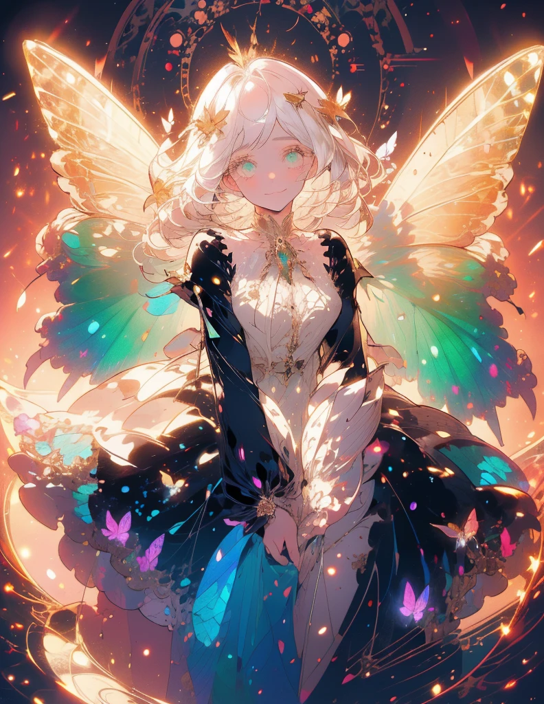 a beautiful (1girl) with colorful butterfly wings, white hair, detailed face, green eyes,intricate butterfly wings,detailed wing patterns,detailed clothing,colorful butterfly wings,cinematic lighting,golden light particle, best detailed,masterpiece,ultra detailed, best shadow, delicate,action pose, (dynamic angle,detailed background, fantasy), (beautiful detailed face), high contrast, (best illumination, an extremely delicate and beautiful), ((cinematic light)), colorful, hyper detail, dramatic light, intricate details, multiple butterfly circle, magic crystals, Fantastic fairy, Unique type