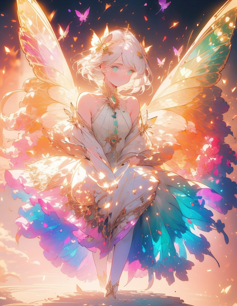 a beautiful (1girl) with colorful butterfly wings, white hair, detailed face, green eyes,intricate butterfly wings,detailed wing patterns,detailed clothing,colorful butterfly wings,cinematic lighting,golden light particle, best detailed,masterpiece,ultra detailed, best shadow, delicate,action pose, (dynamic angle,detailed background, fantasy), (beautiful detailed face), high contrast, (best illumination, an extremely delicate and beautiful), ((cinematic light)), colorful, hyper detail, dramatic light, intricate details, multiple butterfly circle, magic crystals, Fantastic fairy, Unique type