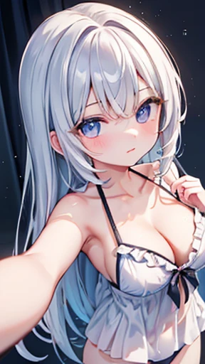 ((Highest quality))、Ultra-high resolution、Looking into the camera、Shining Eyes、Slender beautiful girl、(((((Selfie)))))、Shiny swimwear、Ruffled swimsuit、Glowing Skin、Clothes that reveal cleavage、pretty girl&#39;S Room，(Big Breasts:1.3)、sexy、(((low length)))、(((Lying in bed)))、((Making a peace sign))、Shiny Hair、((daisy duke shorts))、(((teenager)))、Laughter、Half Up