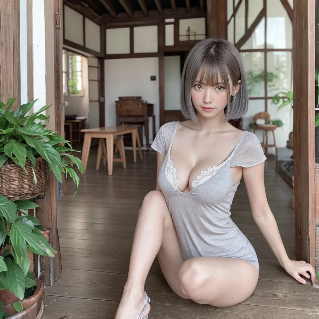 asiatique à fort poitrine en collant qui montre ses jolies pieds avec un regard provocateur, des cheveux blancs, des yeux gris