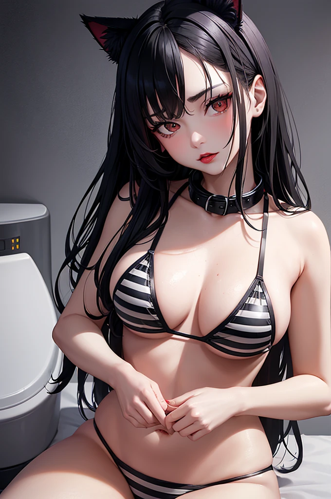 Detailed facial details,s old,1 girl,Red lips,Cat ear,Black long hair,Wearing a torn black and white striped bikini prison uniform,Large Breasts,Lying in bed,Collar,Radiant Skin,prison,Toilet seat,prison,Iron floor