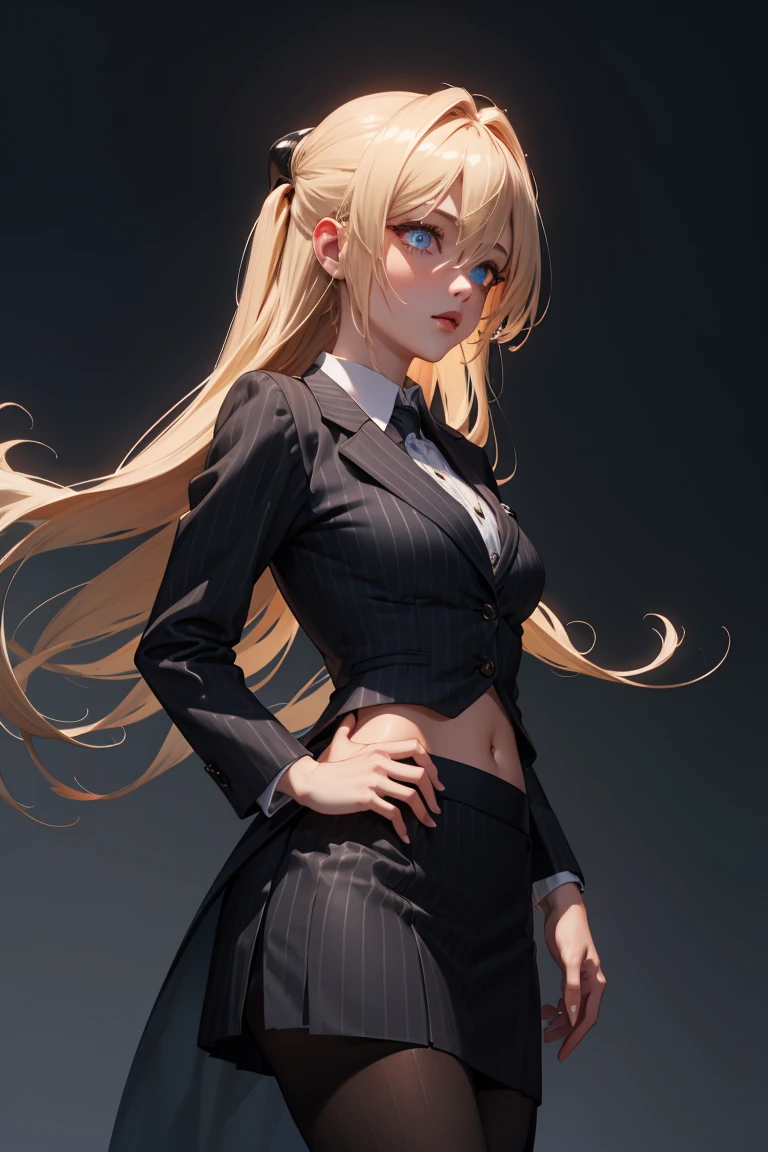 1girl,   golden_darkness, long hair, very long hair, two side up, hair ornament, medium breasts, hair intakes, hair between eyes, golden_darkness, long hair, very long hair, two side up, 
BREAK (pinstripe suit, black suit, collared shirt, pinstripe skirt, black pantyhose:1.2), BREAK Face forward and show your navel to this side、standing straight ahead.Front Angle、lowrise.Midriff、Expand the navel with your fingers、Navel,
BREAK (masterpiece:1.2), best quality, high resolution, unity 8k wallpaper, (illustration:0.8), (beautiful detailed eyes:1.6), extremely detailed face, perfect lighting, extremely detailed CG, (perfect hands, perfect anatomy),