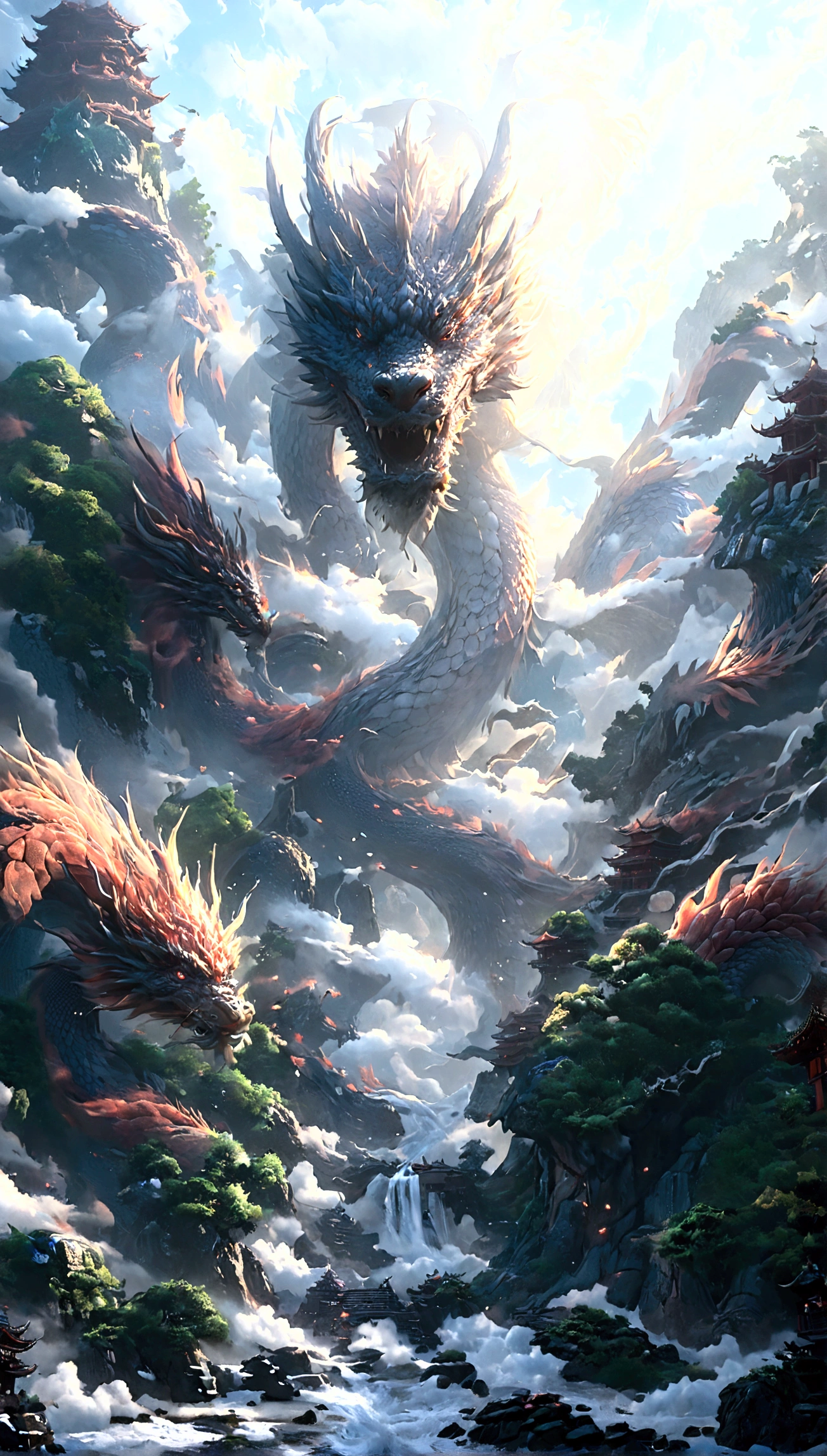 Create a digital artwork that captures a majestic Chinese dragon soaring above a temple situated on a mountain. The temple features intricate architecture, with ornate roofs and detailed carvings, surrounded by lush trees and rugged rocks. A winding staircase leads up to the temple, and a solitary man is seen walking up the stairs, his form small in comparison to the grandeur of the scene.

The dragon, colossal in size, emerges from the clouds, its massive serpentine body partially obscured by mist. The dragon’s face is in sharp focus, displaying intricate scales, antler-like horns, and piercing eyes that gaze down at the man below. The texture of its skin should be hyper-detailed, capturing the realism of each scale and the subtle nuances of its expression.

The clouds around the dragon are thick and billowing, adding to the mystique of its presence. The overall scene should be rendered in super-realistic, hyper-detailed 4k and 8k resolution, emphasizing the fine details of the dragon’s face, the temple, and the natural surroundings. The atmosphere should evoke a sense of awe and wonder, highlighting the ancient and mystical essence of the dragon as a guardian of the mountain temple.undefined, undefined, undefined, undefined, undefined, undefined, undefined, undefined, undefined, undefined, undefined, undefined, undefined, undefined, 